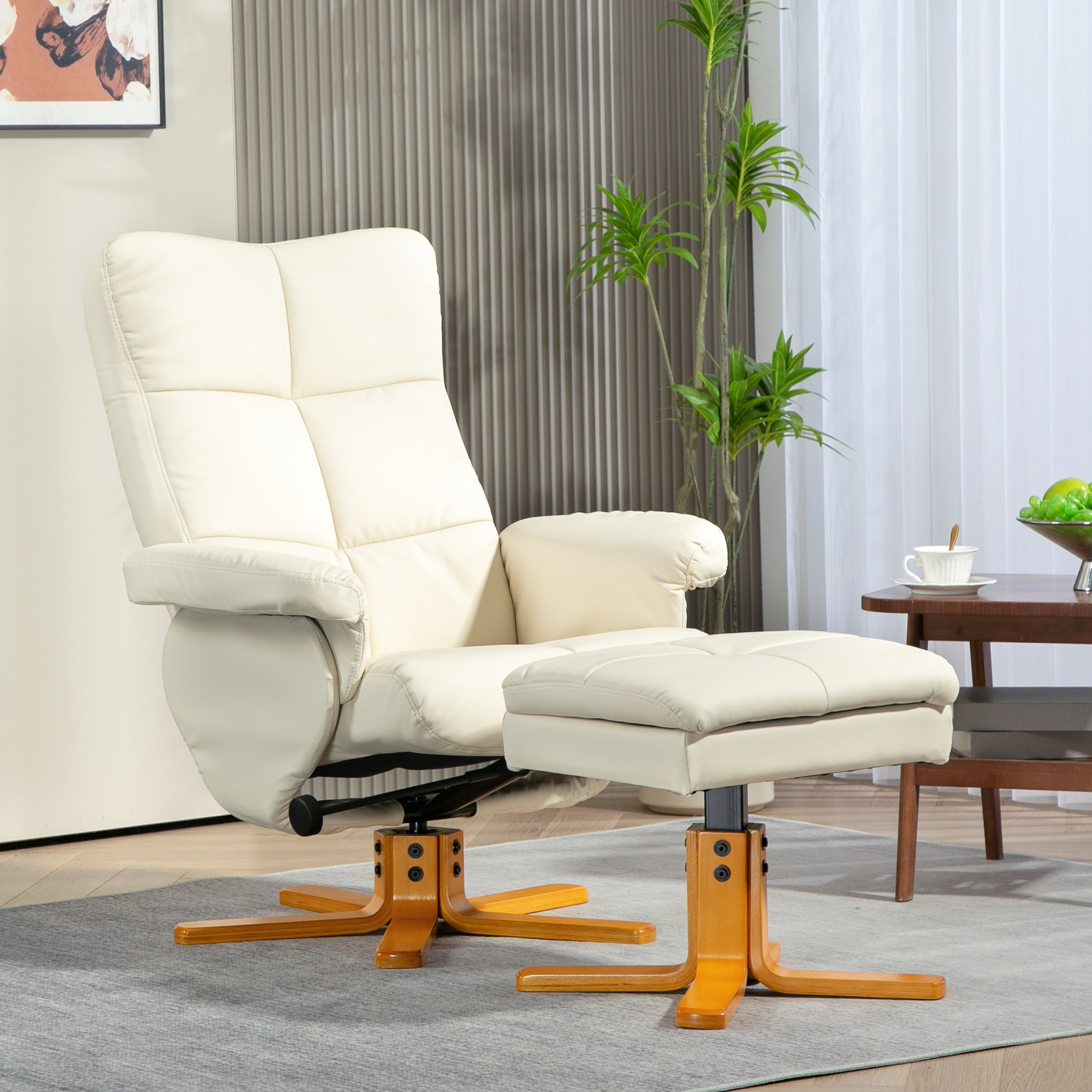 Relaxfauteuil met Hocker, 145�� Kantelbare Rugleuning, 360�� Draaibaar, Kunstleer, Cr��mewit