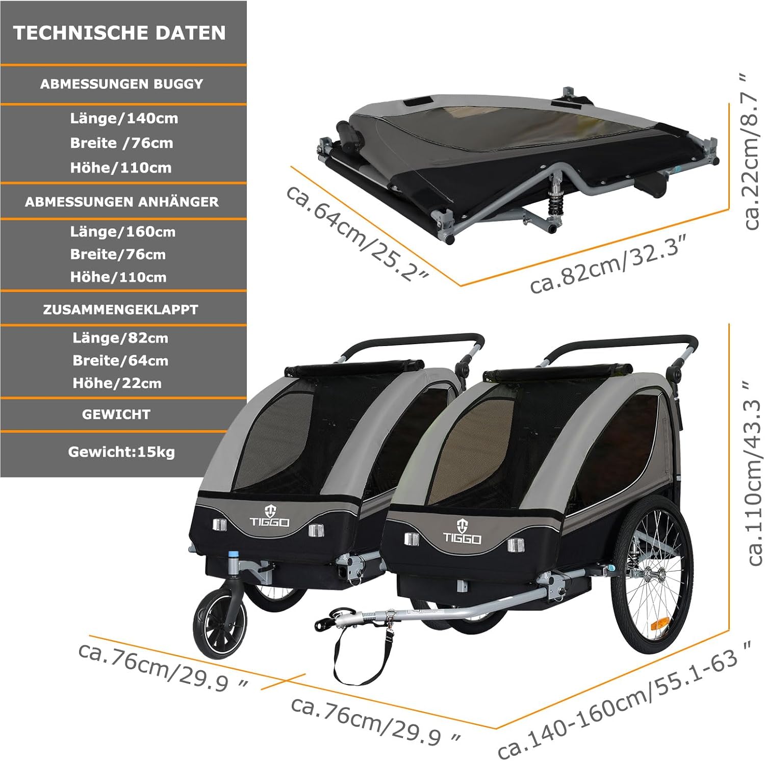 Tiggo S2 Kinderanhänger mit Federung Jogger 2 in 1 Kinder Buggy fahrradanhänger Anhänger 360° Drehbar