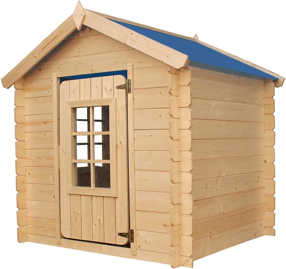 Timbela M570M-1 Kinderspielhaus aus Holz -Spielhaus im Freien für Kinder - 111x113xH121 cm/0.9 m2 Gartenspielhaus - Garten-Sommerhaus für Kinder (Die Dachfarbe ist blau)