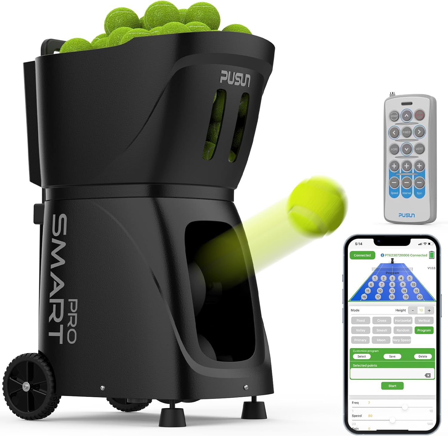 PT-SMARTPro Tennisballmaschine – Professioneller Auto-Ball-Server mit APP-Steuerung, 20 Landepunkten & variabler Geschwindigkeit, intelligenter Tennistrainer mit Multi-Winkel-System (4-6H Laufzeit)