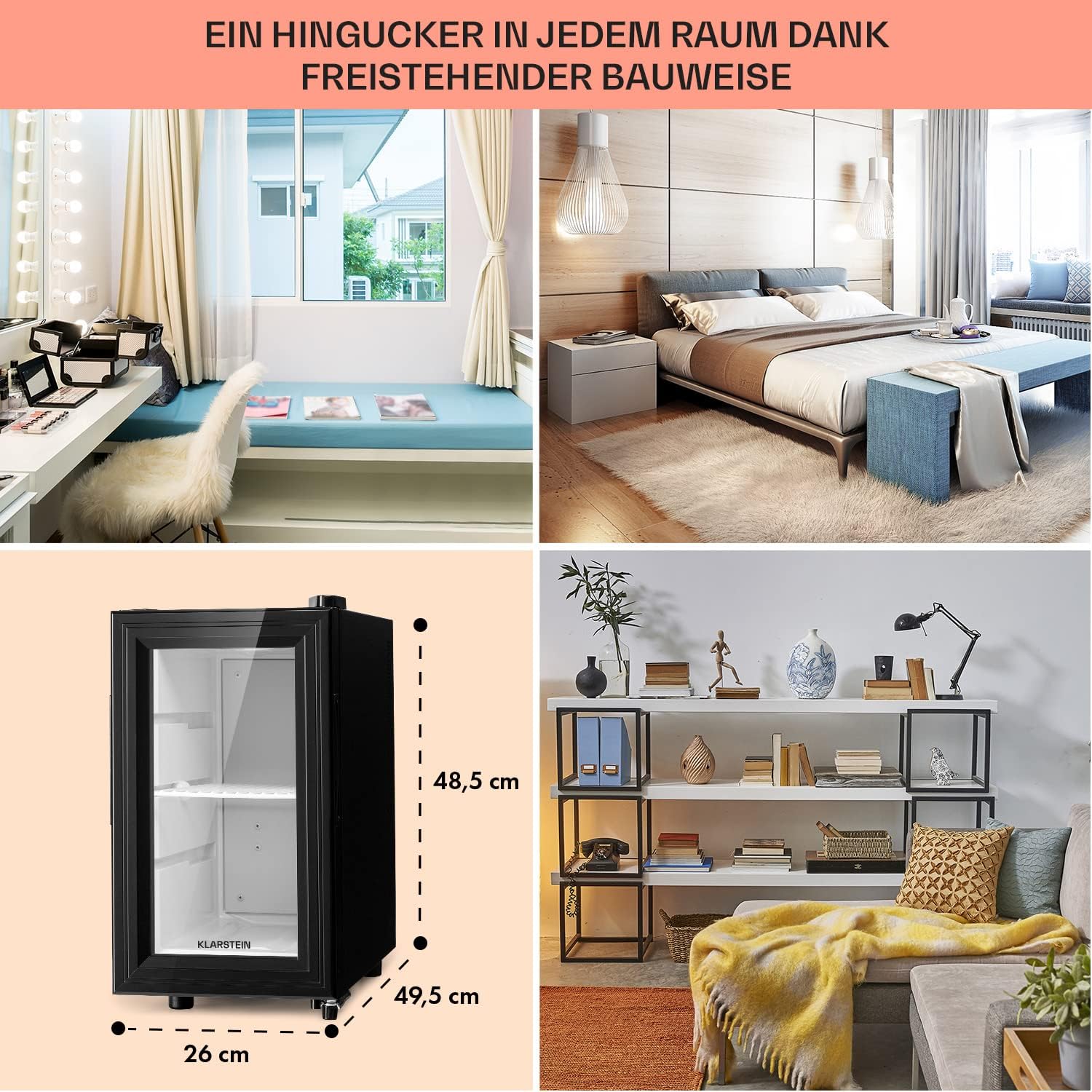 Klarstein Mini Kühlschrank für Zimmer, 23 Liter - Getränke, Snacks & Kosmetik, Minibar, & Leise, Verstellbare Ablagen, Kleiner Skincare Kühlschrank