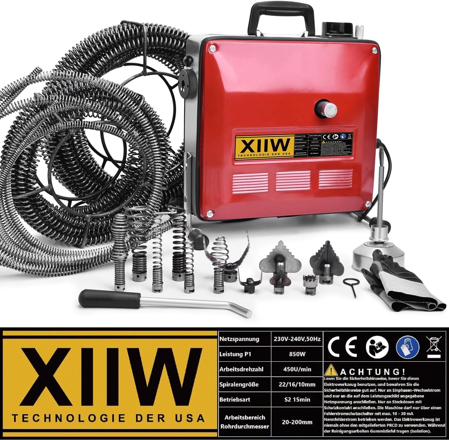 850W Elektrische Rohrreinigungsmaschine Satz zum Ø20-200mm Rohrleitungen [Spirale 33m x Ø16 mm + 14m x Ø22mm, 5m x Ø10mm], Rohrreinigungsgerät Set Rohrreiniger Reinigung Abflussreiniger, 450U/M