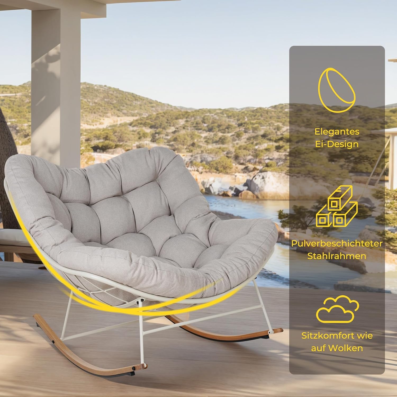 Grand Patio Schaukelstuhl Garten Schwingsessel schaukelsessel Wohnzimmer Relaxstuhl mit gepolsterter, bis 150 kg belastbar für Garten, Schlafzimmer, Wohnzimmer, Ecke, Veranda, Cremeweiß