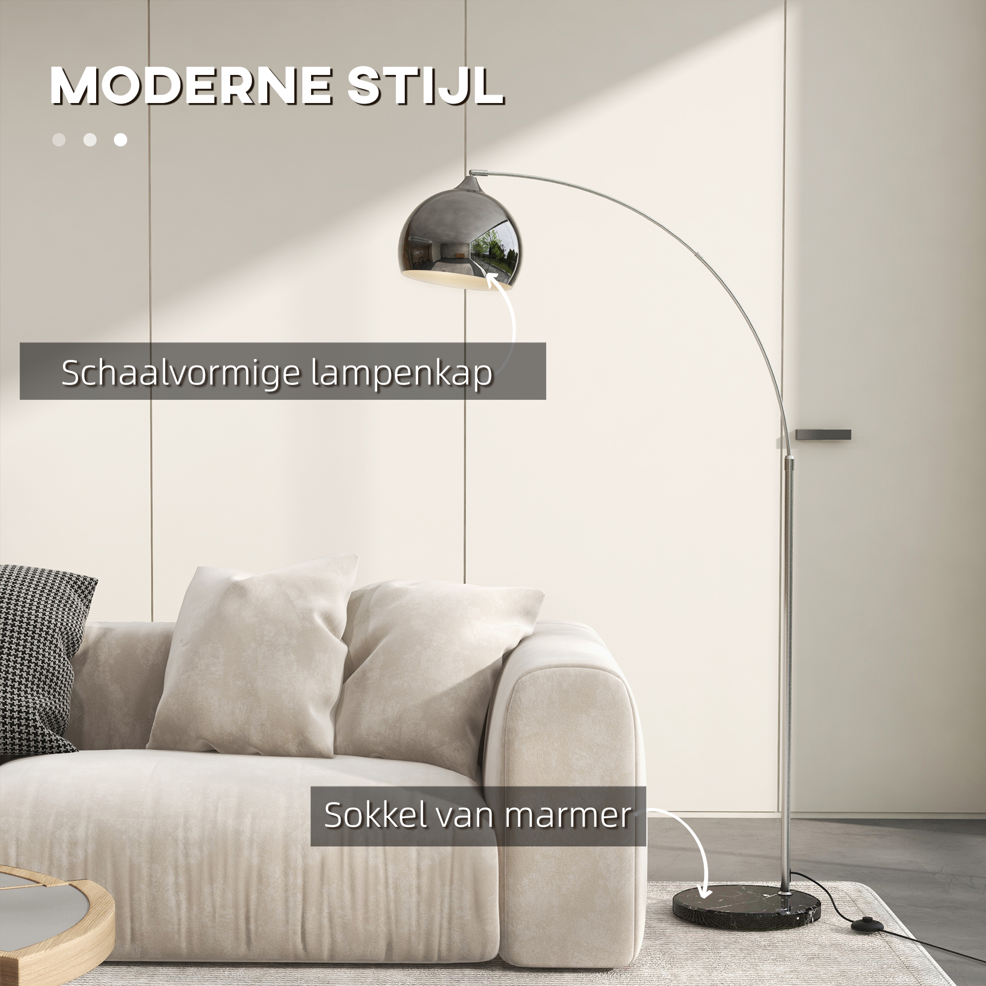 Booglamp, Staande Lamp, Verstelbaar, Voetschakelaar, Voet in Marmerlook, 170-180cm, Zilver/Zwart