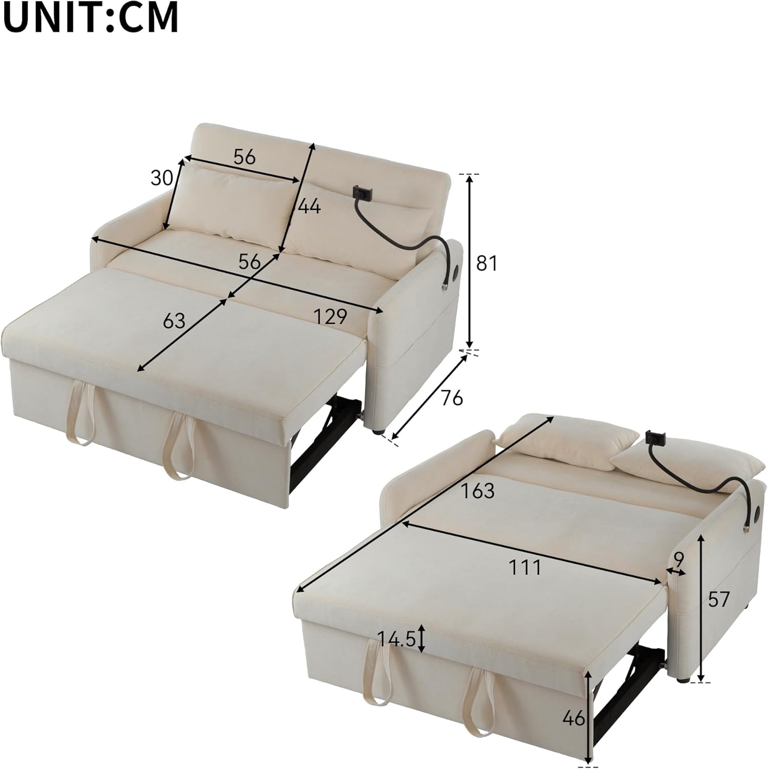 Azkoeesy Sofá cama plegable con función de sueño, sofá de 2 plazas con respaldo ajustable, soporte para teléfono móvil, USB, 2 almohadas, tela de chenilla, para salón, dormitorio, cine en casa (beige)
