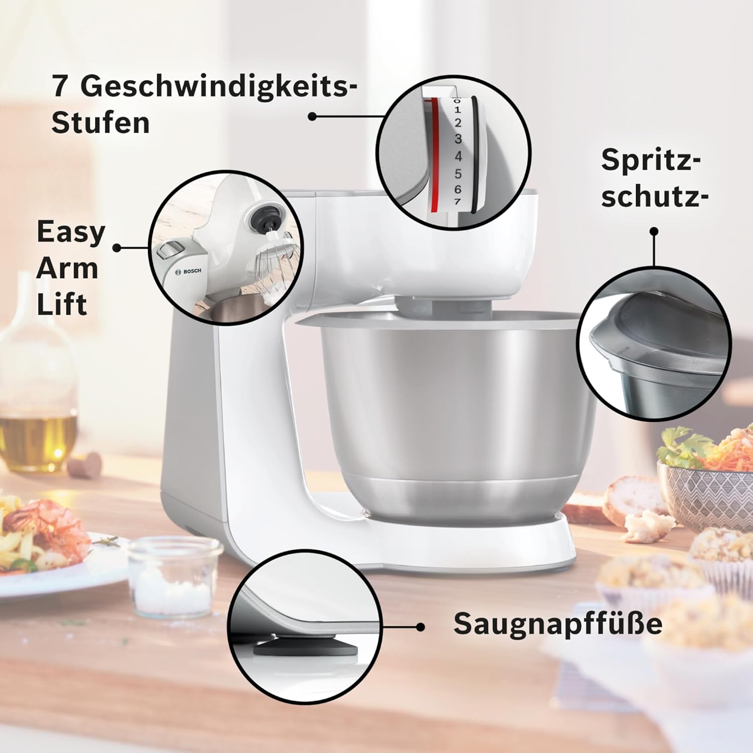 Bosch Küchenmaschine Serie 4 MUM58720,Edelstahl-Schüssel 3,9 L, Mixer 1,25 L, Planetenrührwerk,Knethaken,Schlag,Rührbesen, Durchlaufschnitzler, 3 Scheiben, 1000 W, Dunkelrot/Silber