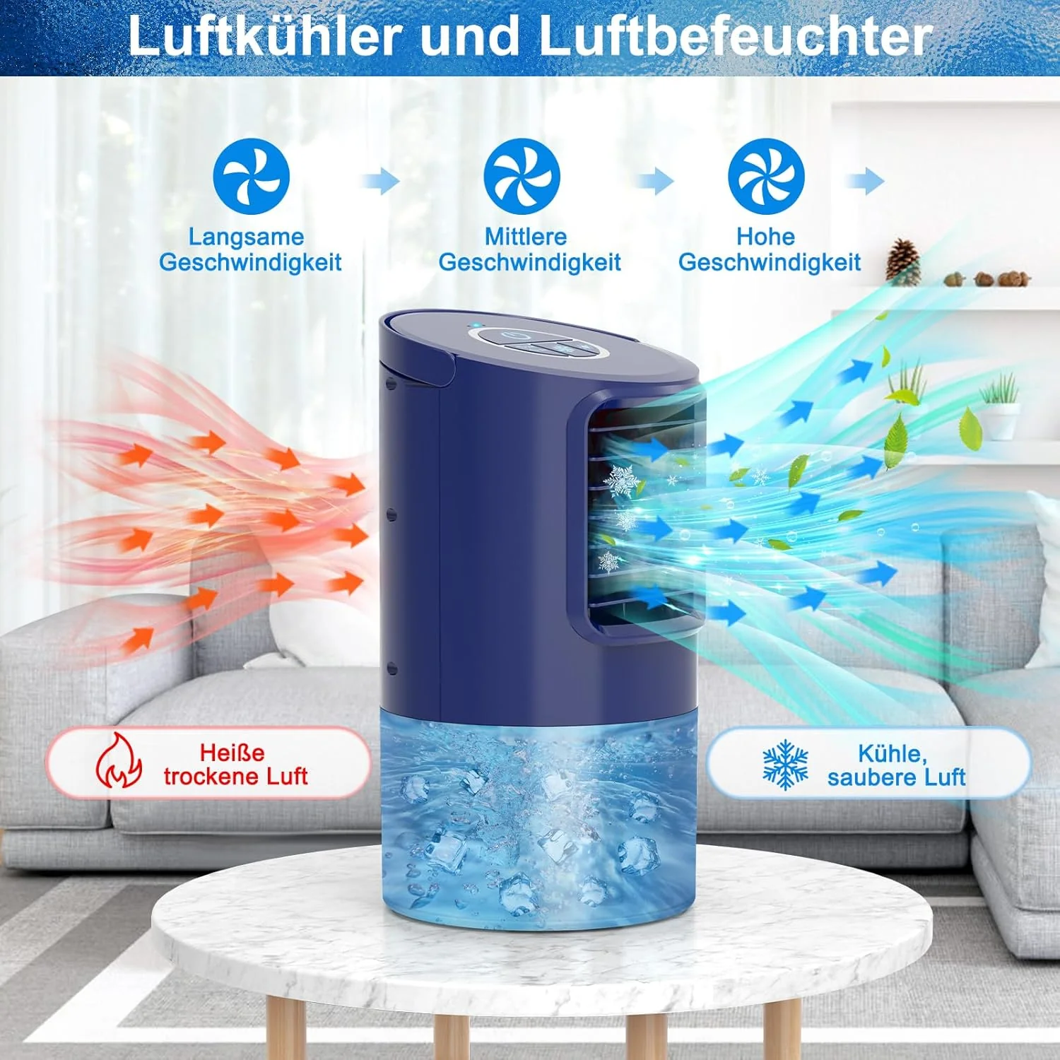 RenFox Airconditioner Mini Luchtkoeler, 5-in-1 Mobiele Airconditioning, Air Cooler Klimaatregelaar, Ventilator, Luchtbevochtiger, 3 Snelheden, 7 LED Luchtkoeler Klein voor Thuis en Kantoor