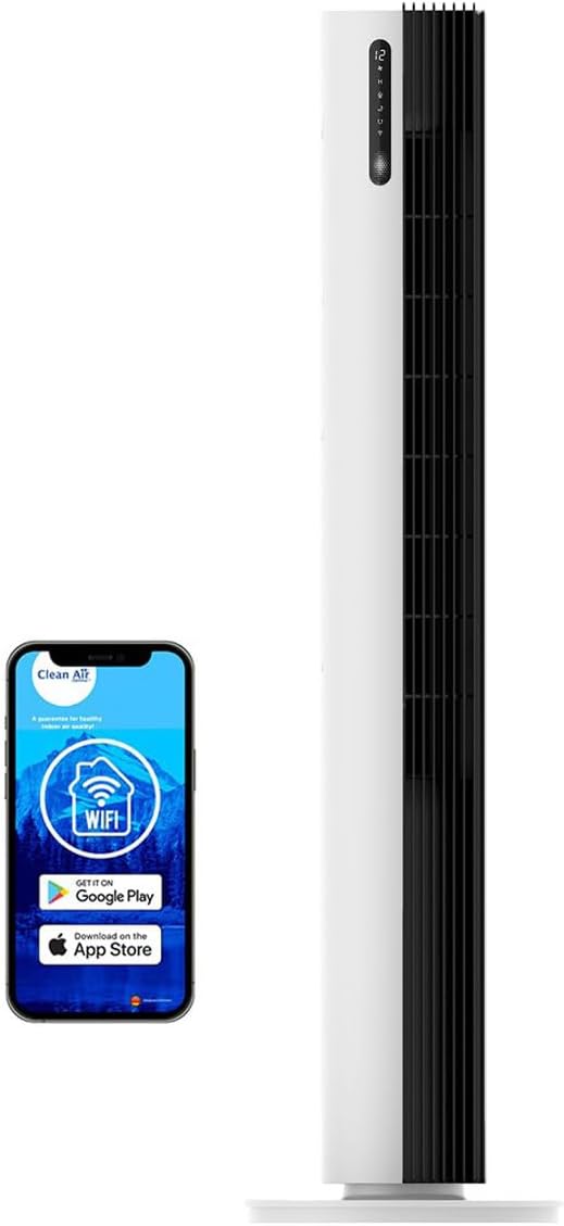 Clean Air Optima CA-407 Smart - Luxus Turmventilator - Luftdurchsatz bis 500m³/h - Oszillation 90º - Staubfilter für saubere und frische Luft - Smartphone-Bedienung (Weiß/schwarz)