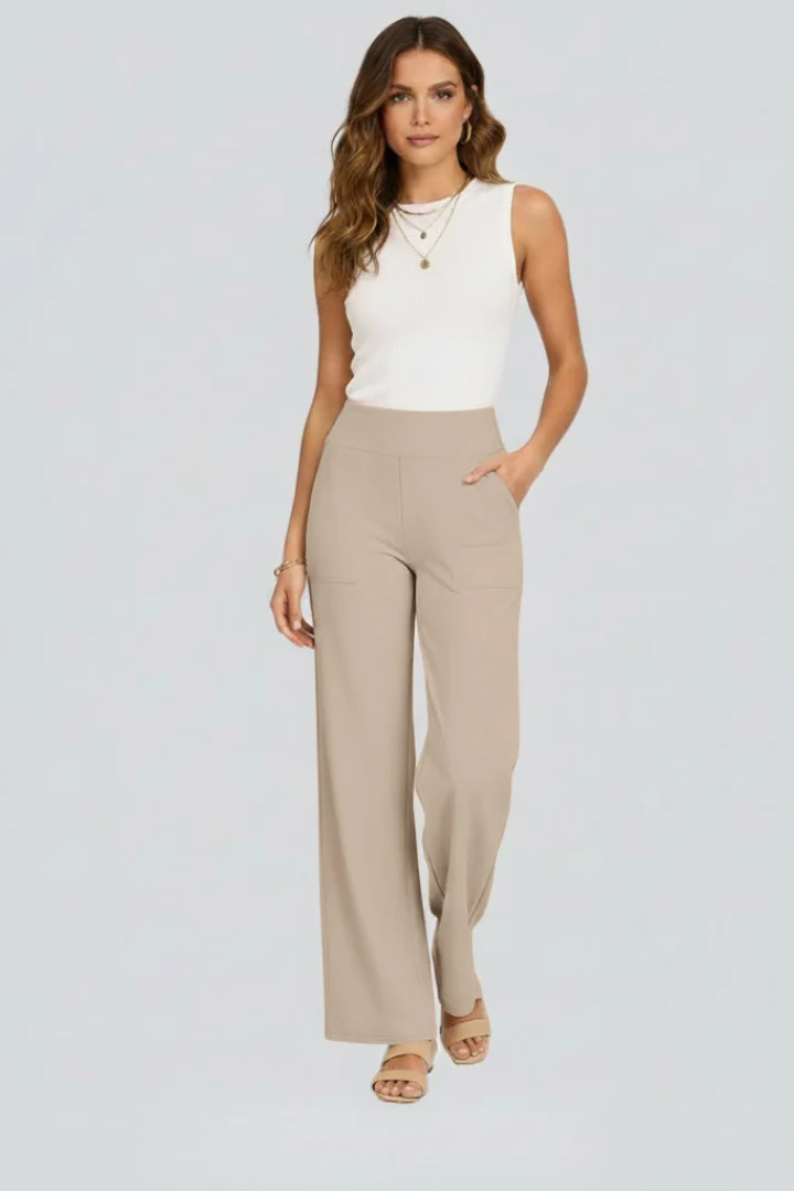 Damen Hose mit weitem Bein und hohem Bund | Bequeme High Waist Stoffhose mit Gummizug | Gerade geschnittene Schlupfhose
