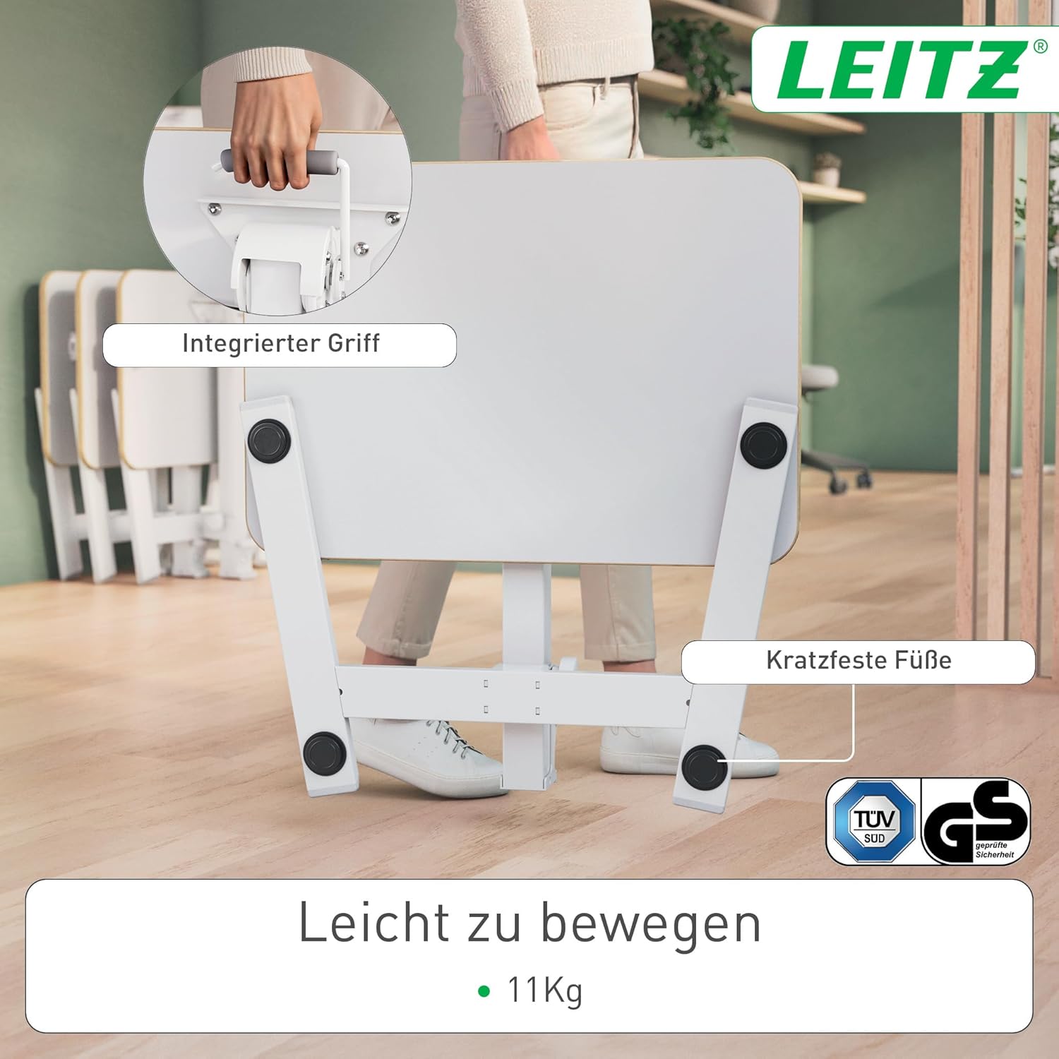 Leitz Ergo Klappbarer und höhenverstellbarer Schreibtisch, Kompaktes Stehpult mit Tragegriff, Ergonomischer Arbeitsplatz für das Home Office, Belastbar bis 20 kg, 65 x 48 cm, Weiß, 65880001