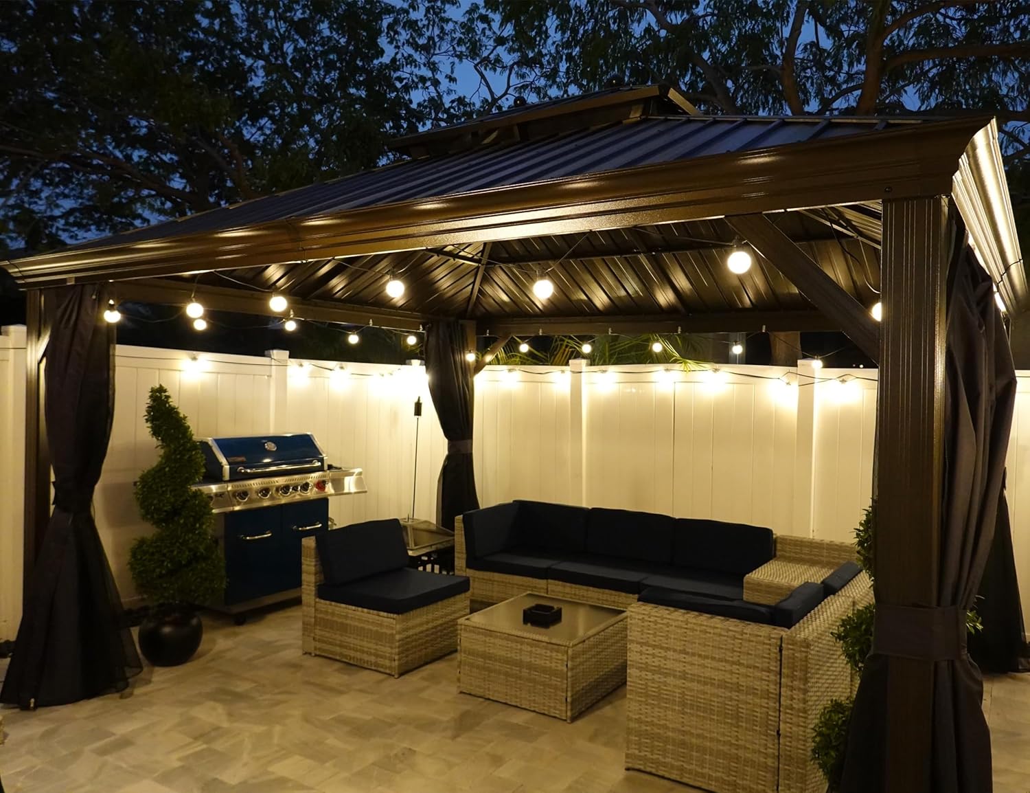 PURPLE LEAF Gartenpavillon 3.65 x 4.25 m Alupavillon Wasserdicht Stabil Winterfest Pavillon mit Stahldach Hardtop Pavillon 14.6 m 24 LED Lichterketten, Grau