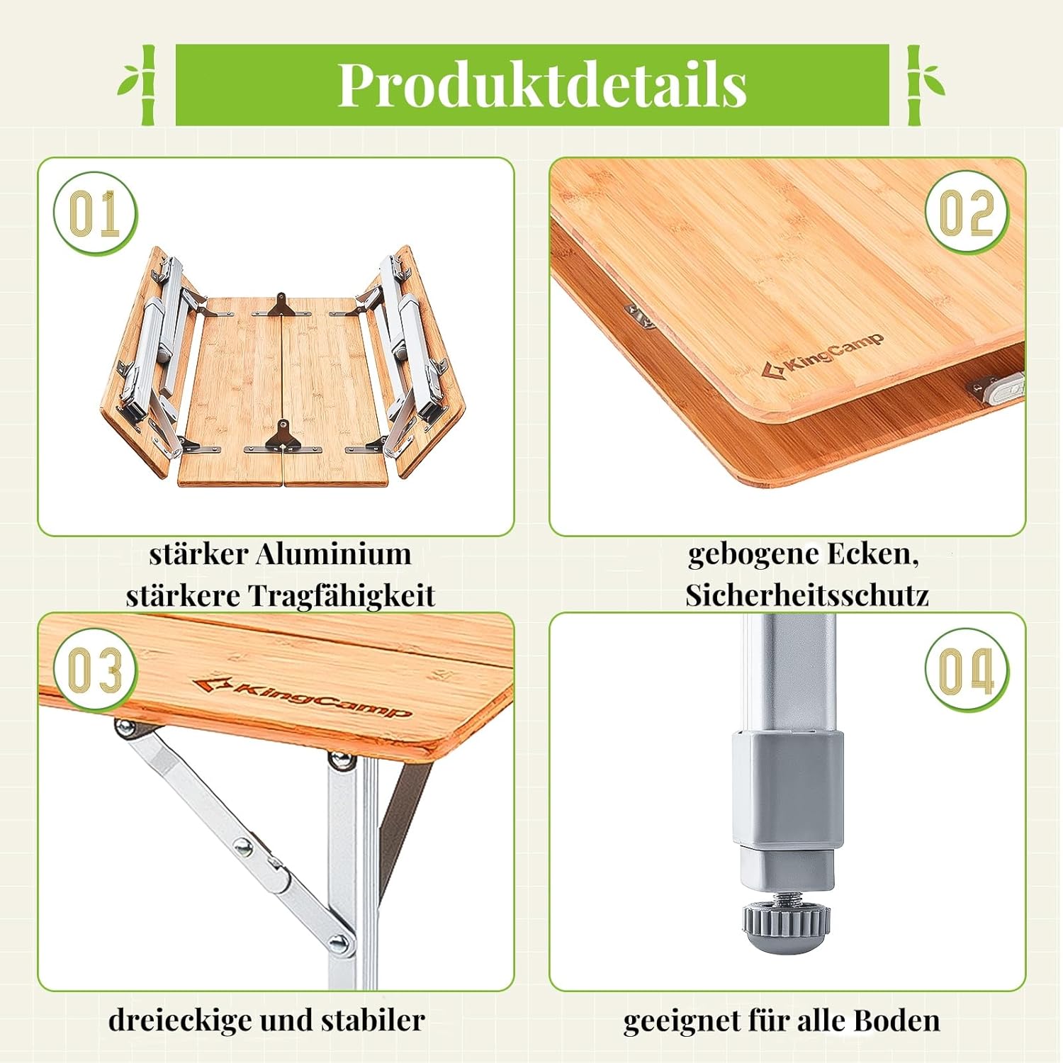 KingCamp Campingtisch Bambus Klapptisch höhenverstellbar (45/52 / 65 cm) für 4-6 Personen Campingtisch klappbar 4 Falten mit Tragetasche belastbar bis 80 kg,100 x 65 cm,L