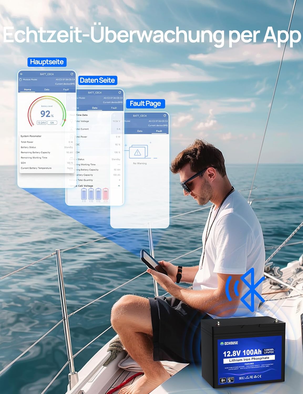 DCHOUSE 12V 100AH LiFePO4 Bluetooth Lithium Batterie,mit 10A Batterie Ladegeräte,100A BMS Niedertemperaturschutz,1280Wh Autobatterie für Trolling-Motor,Wohnmobil,Wohnwagen,Solaranlage