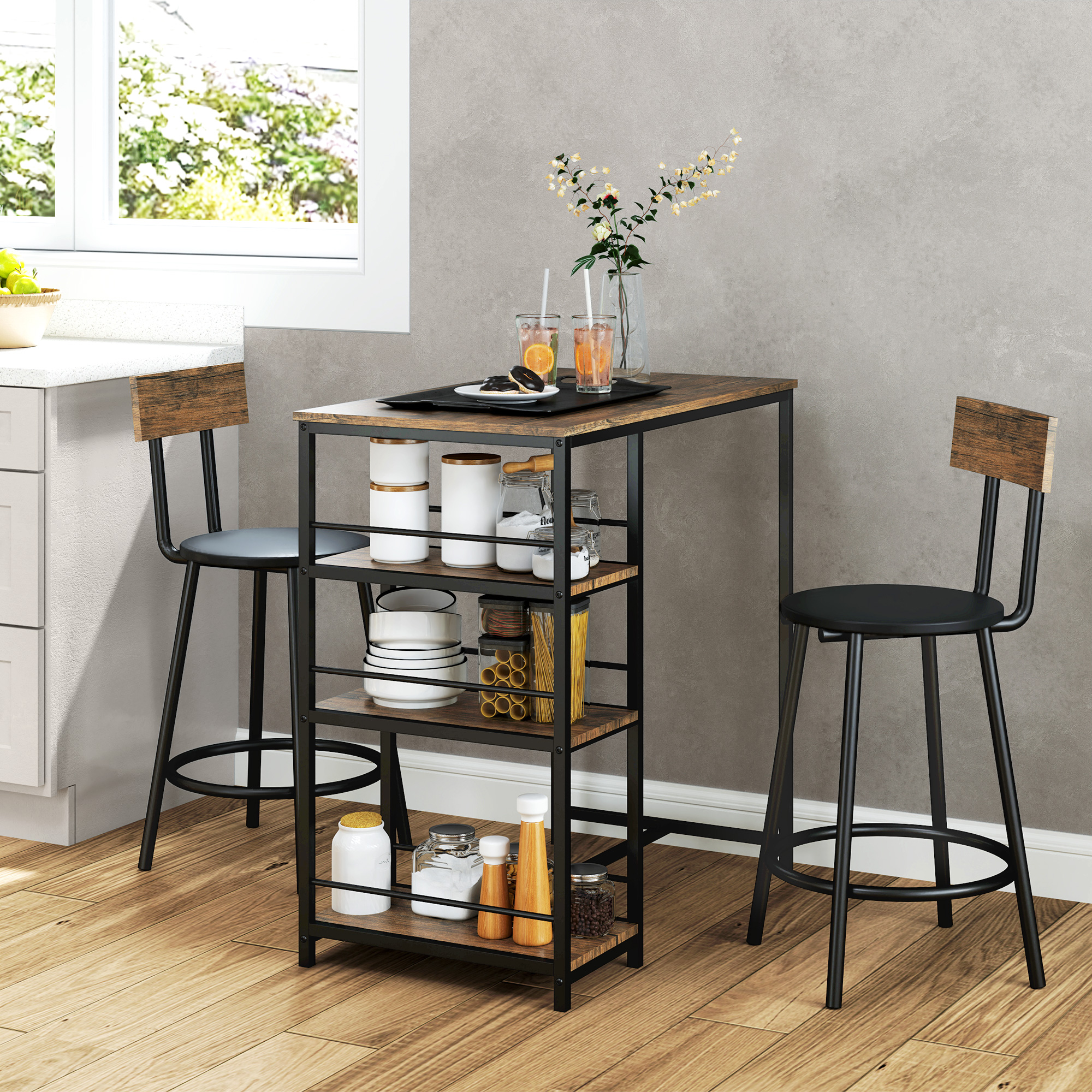 3-delige Eetset met Bartafel en 2 Stoelen, Klein Keukenset met Zijplanken, MDF, Metaal, Zwart
