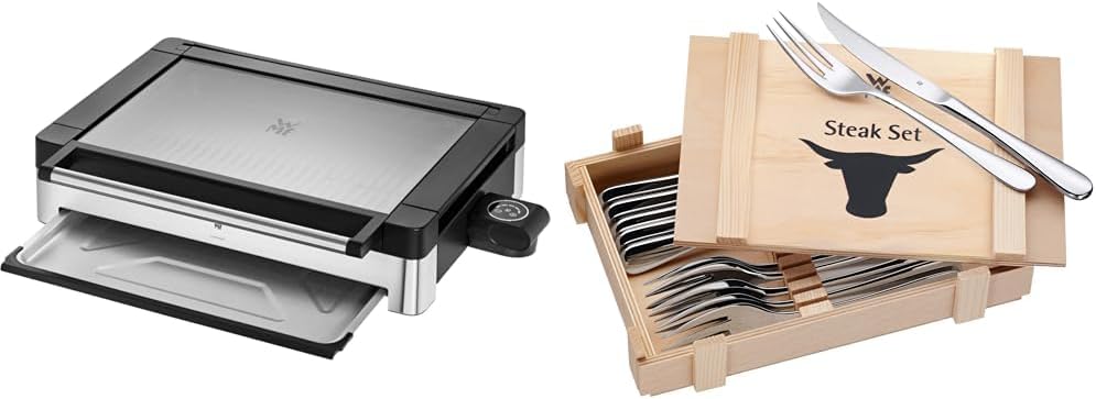WMF Lono Tischgrill elektrisch mit Glasdeckel, beschichtete Grillplatte, herausnehmbare Auffangschale, spülmaschinenfest, Edelstahl matt, 2200 Watt
