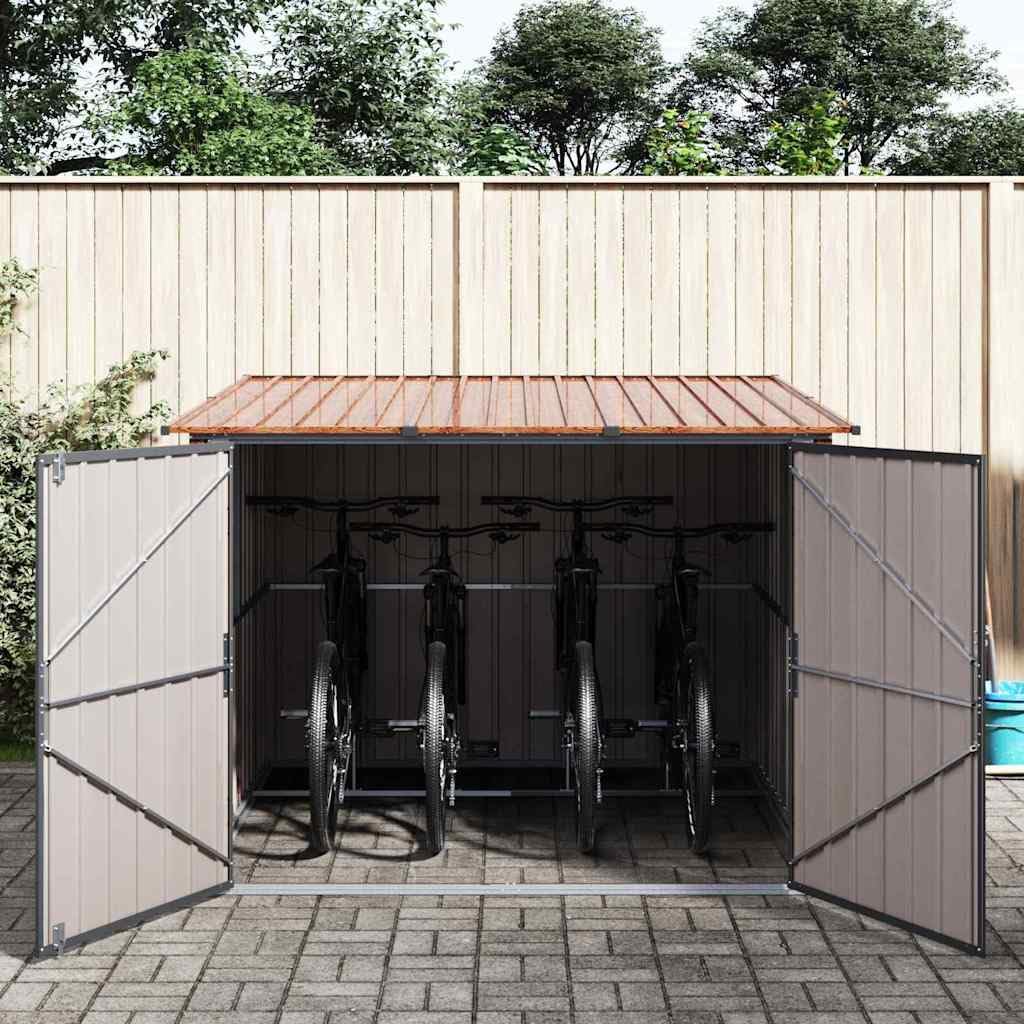 Fahrradschuppen 3 Stück Braun 215 x 206 x 157 cm Metall Gartenhaus Aufbewahrung Geräteschuppen Wetterfester Stauraum mit Sicherheitsschloss für Fahrräder und Zubehör