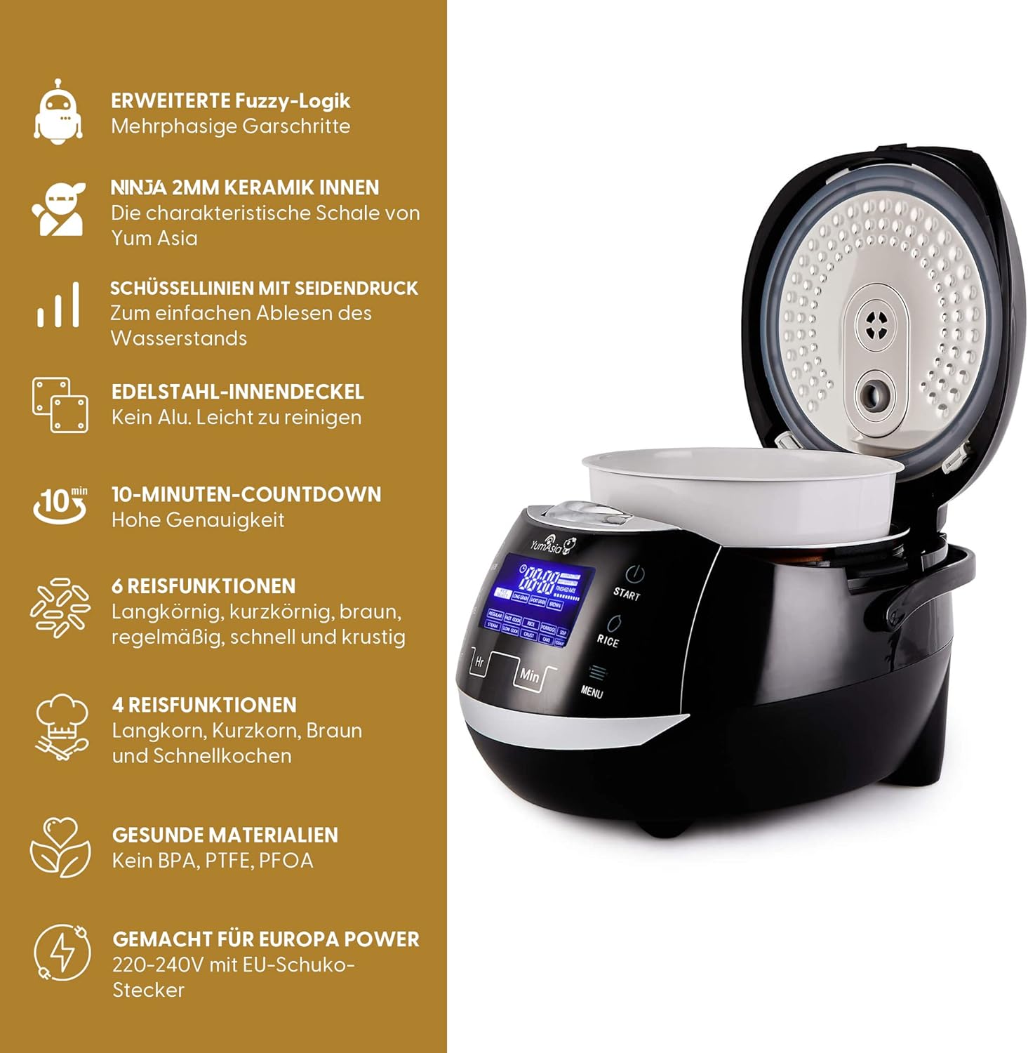 Yum Asia Sakura Reiskocher mit Keramikschale und Advanced Fuzzy Logic (8 Tassen, 1,5 Liter), 6 Reiskochfunktionen, 6 Multikocherfunktionen, Motouch LED-Display, 220-240V EU (schwarz und silber)