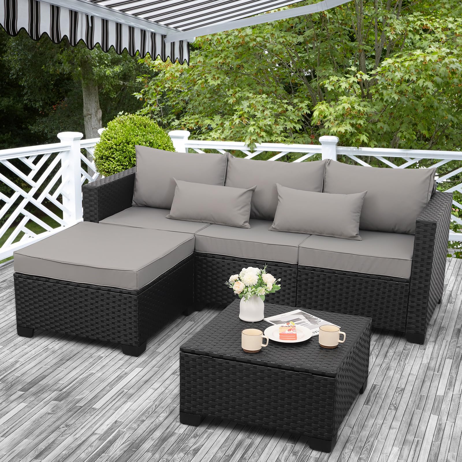 Rattaner 3-Delige Patio Meubelen Set met Ottoman en Opbergtafel voor Buiten
