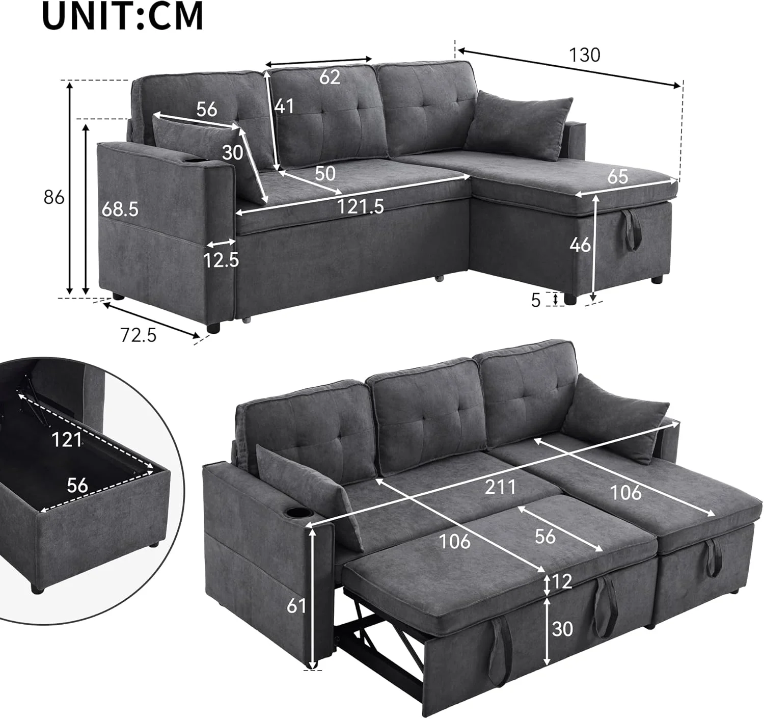 Sofá Cama 3 plazas con Portavasos y Bolsa Pasamanos Lateral, Sofá en Forma de L, Intercambiable a la Derecha y a la Izquierda, Gris