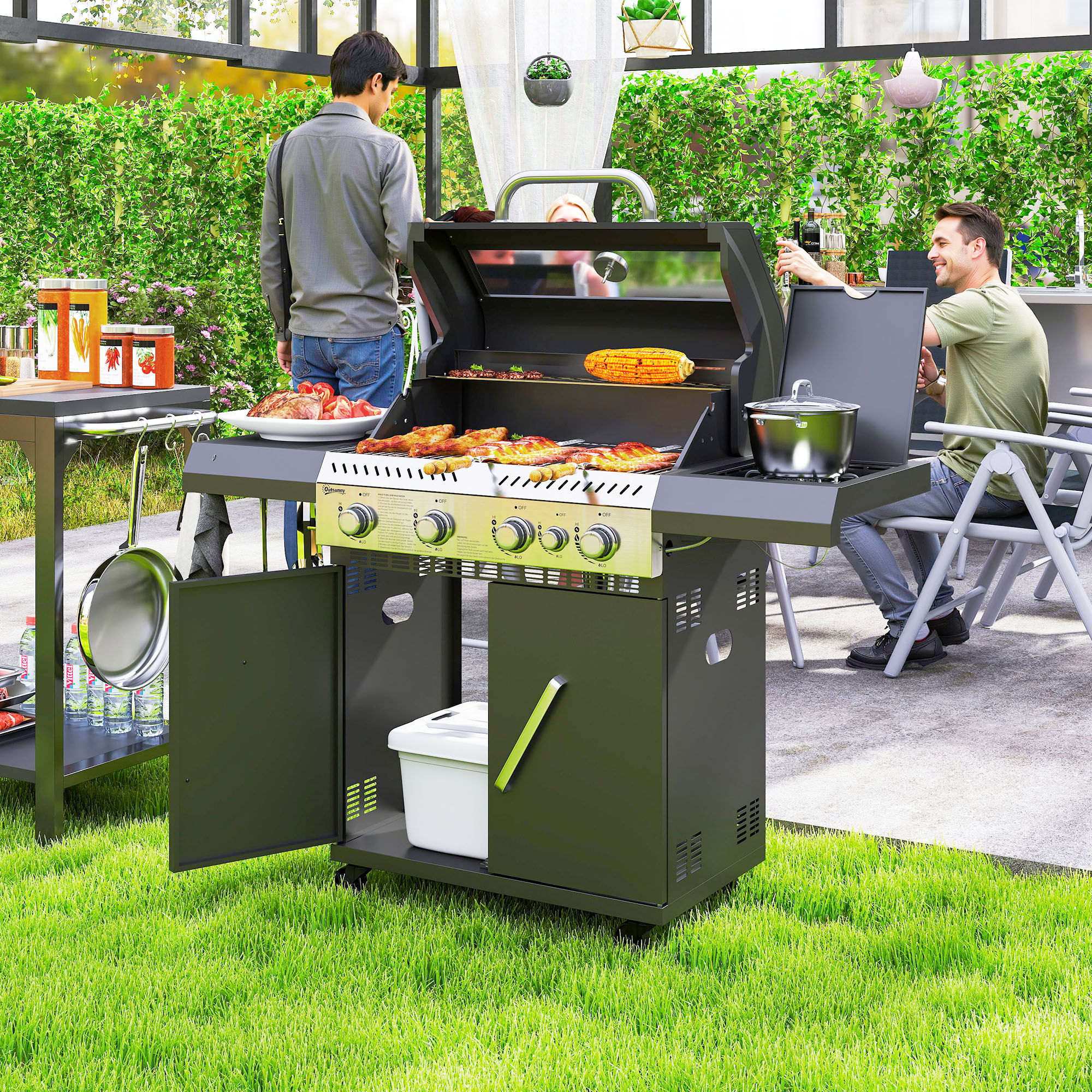 Outsunny Gasgrill 12 KW Grillwagen met 5 Branders, Zijkoker, Deksel, Thermometer, Zijplanken 135 x 54 x 110 cm