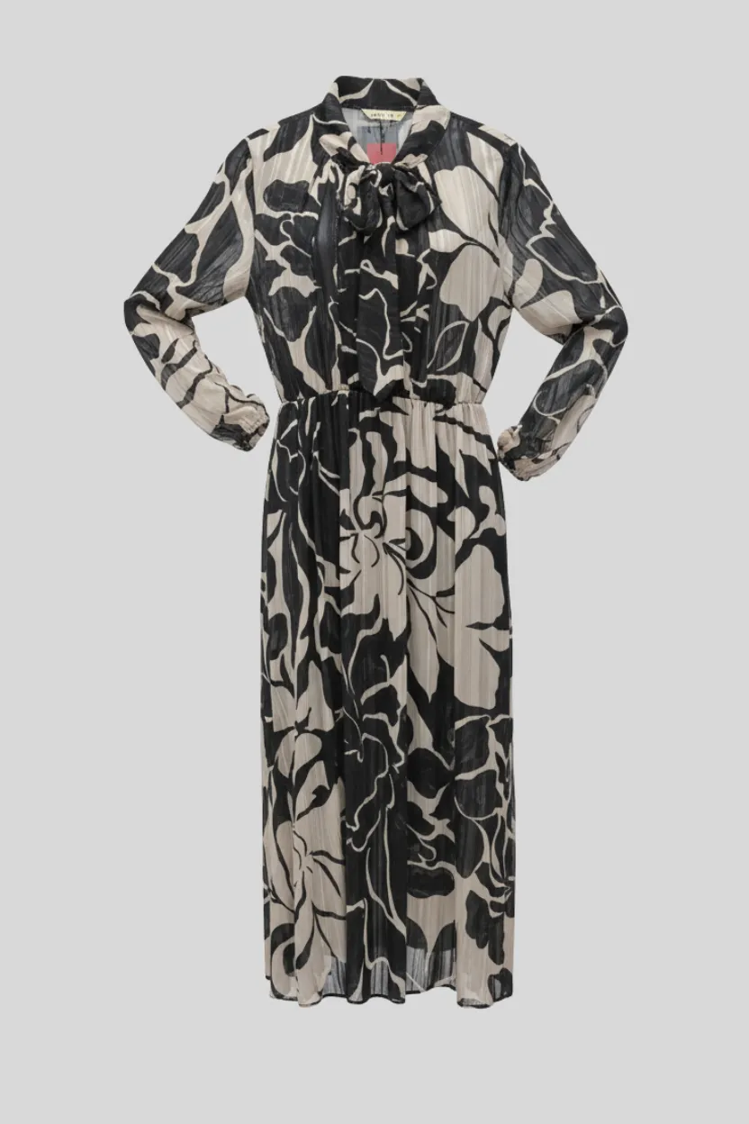 Black-Colored Floral Midi Dress with Waist Belt