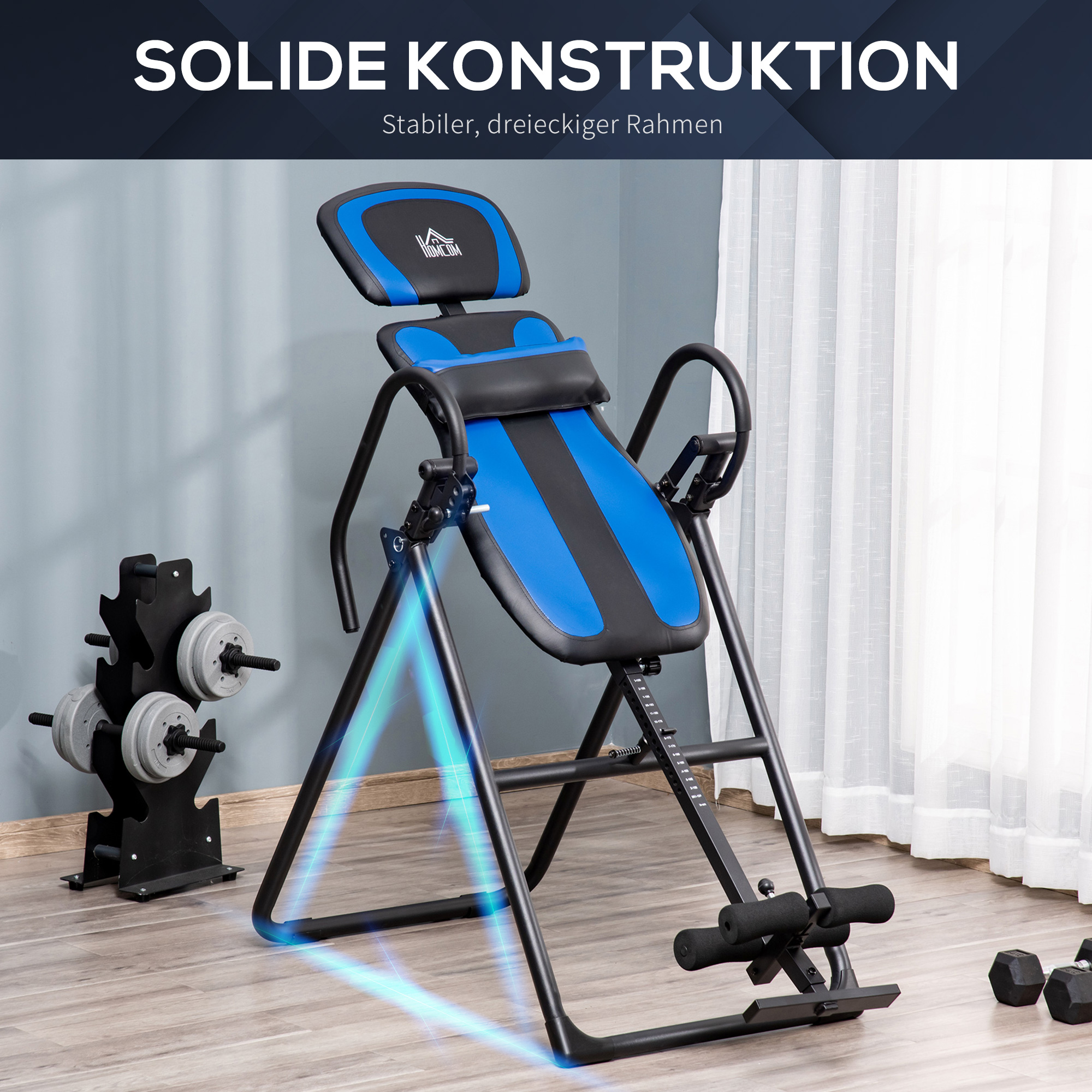 inversiebank opvouwbare zwaartekrachttrainer met twee beweegbare wielen set rugkussen metaal ABS zwart + blauw 132 x 71 x 145 cm