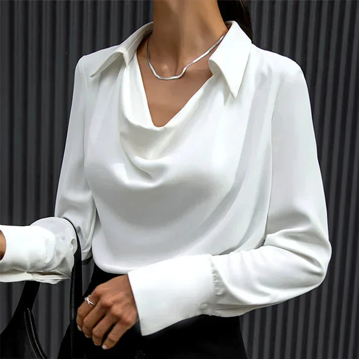 Damen Seidenbluse mit Wasserfallausschnitt und klassischem Kragen | Elegante Langarmbluse f��r Business und Freizeit