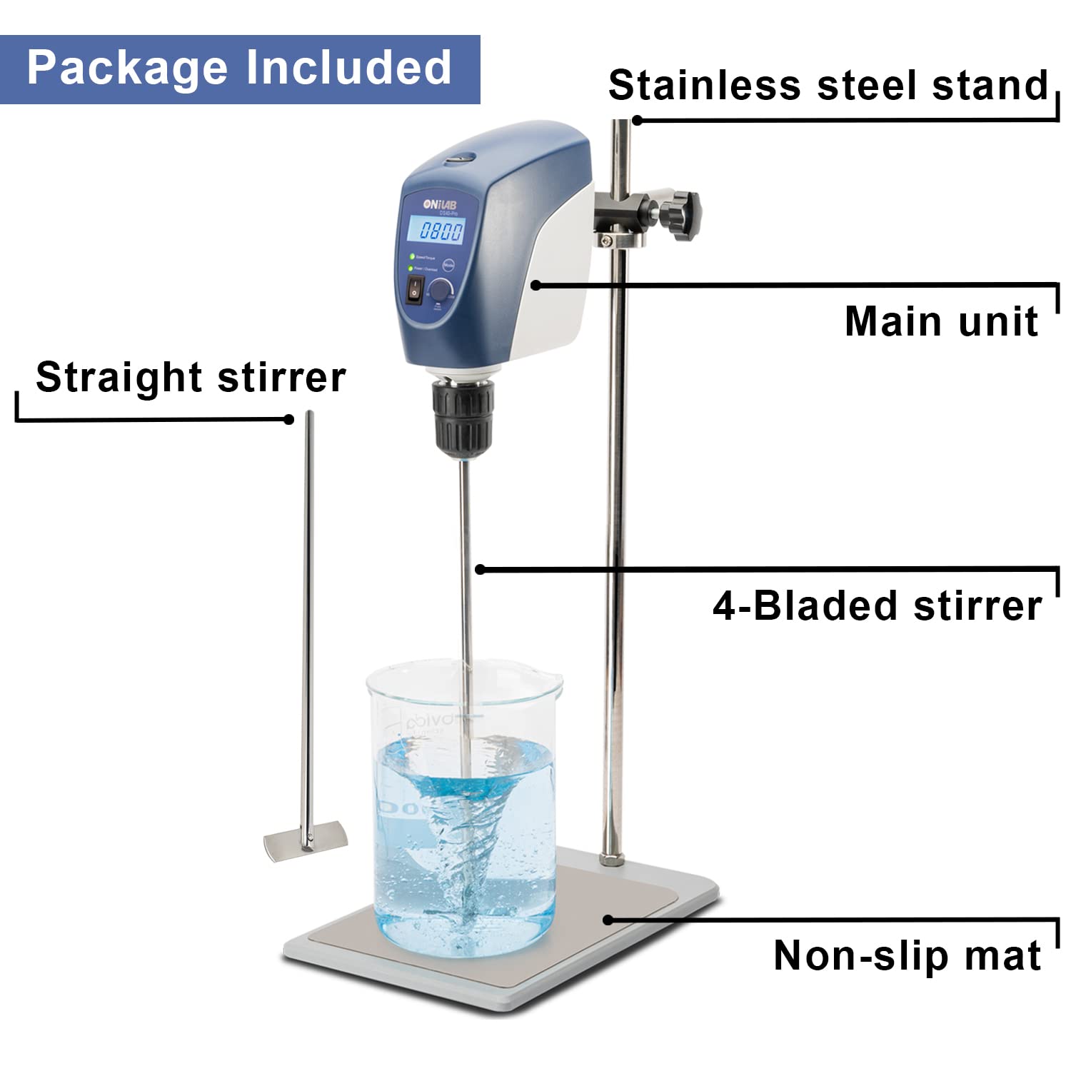 ONiLAB Elektrischer Overhead Rührer, LED Digital Overhead Rührer Mixer mit Rührstab, 20L,10000 mPas, 50~2200RPM, Aluminiumlegierung (Stand enthalten)