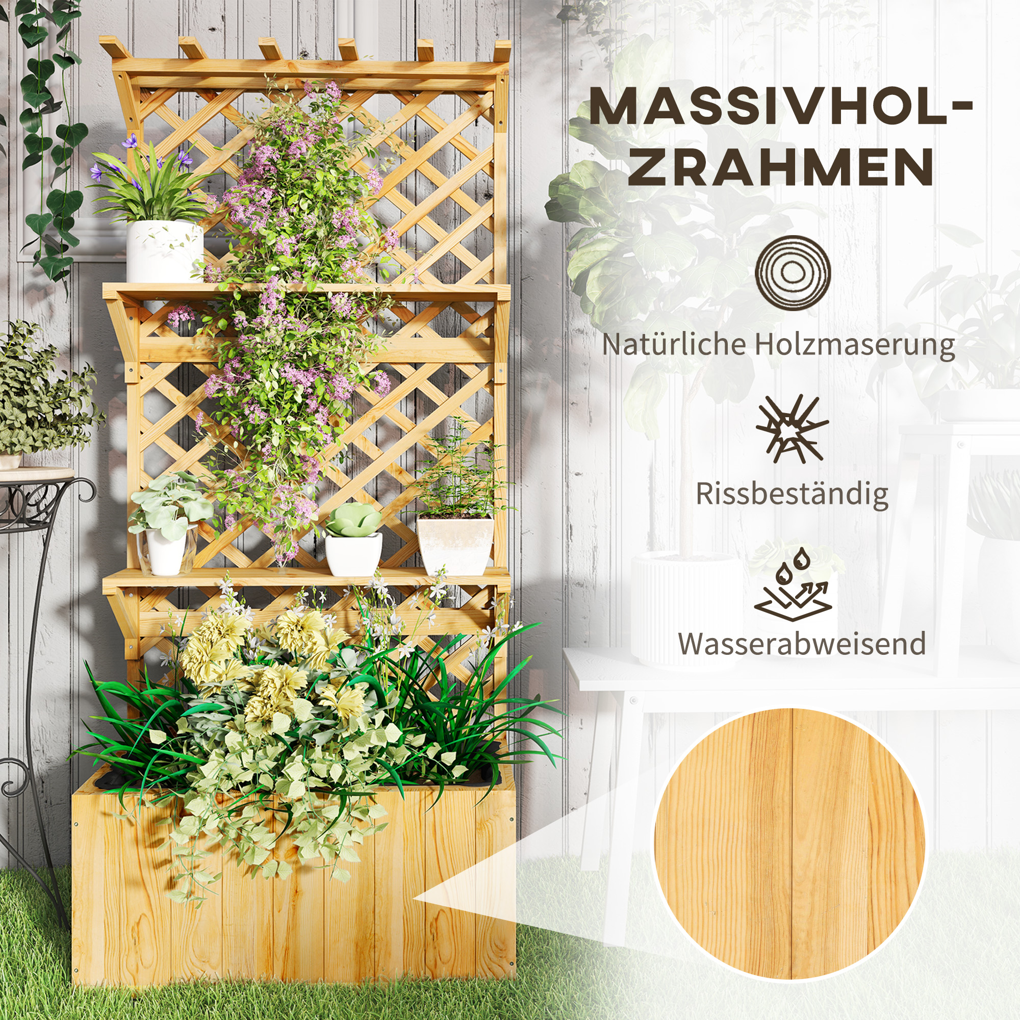 Verhoogd Bloembed met Klimrek, Bloembak, 2 Planken, Afvoergaten, 76 x 33 x 177 cm