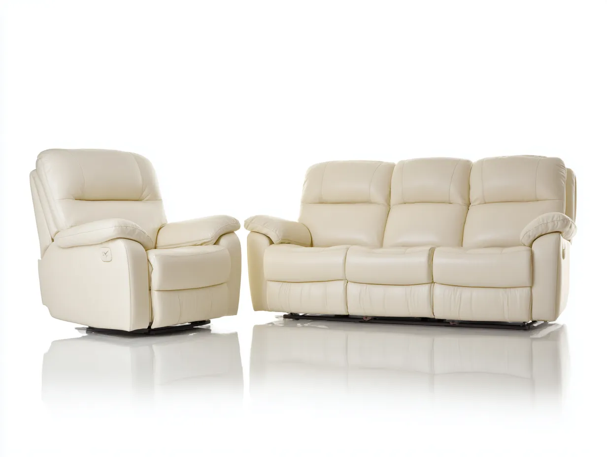 Relaxsofa Sets-Leder-Metall-Holz-212x97x103 cm-creme-modernes Design