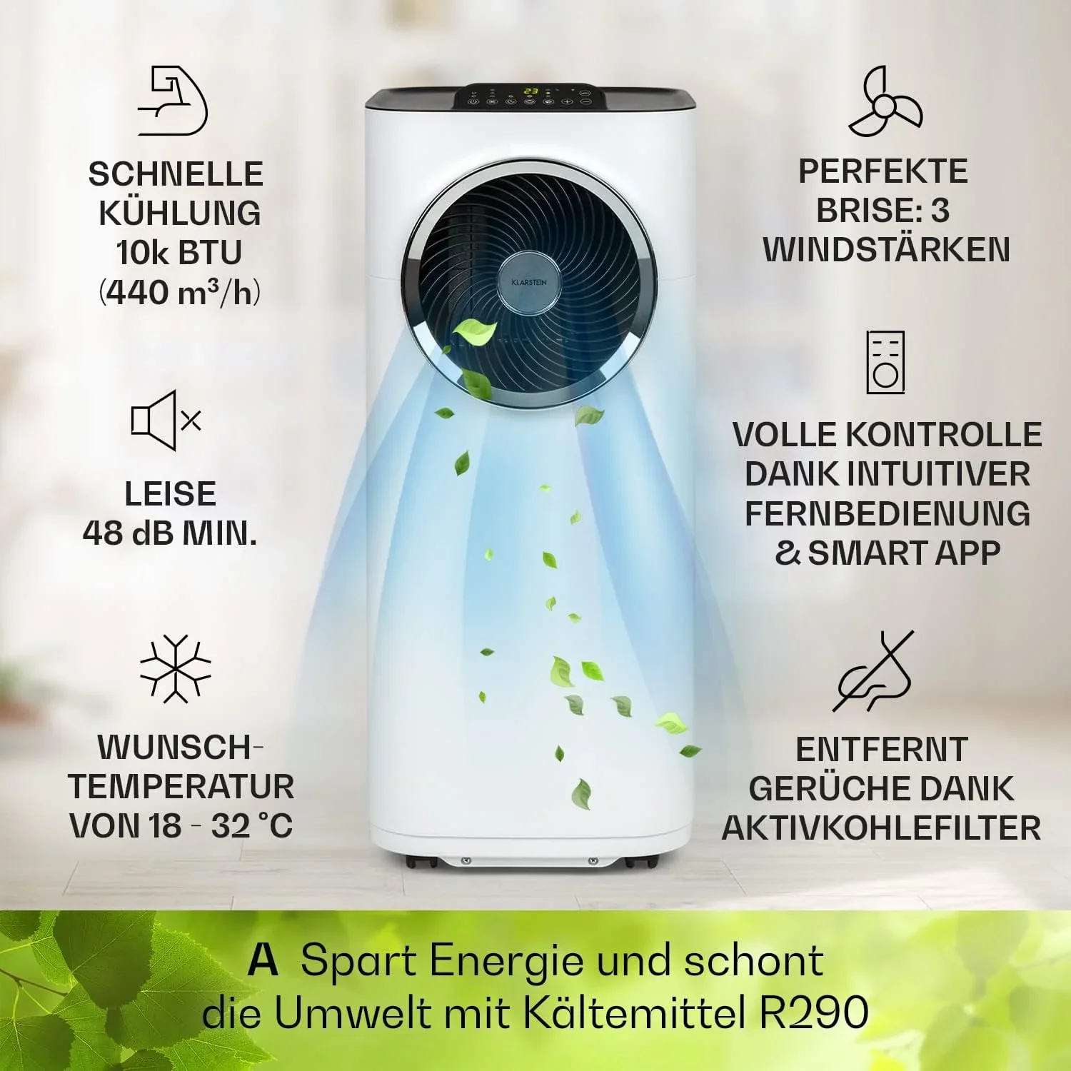 Klarstein Mobile Klimaanlage mit Abluftschlauch, 5-in-1 Klimager?t, Ventilator, Luftentfeuchter, Luftreiniger & Nachtmodus, App-Steuerung, Kleine & Portable, f��r Wohnung & B��ro, 12000 BTU