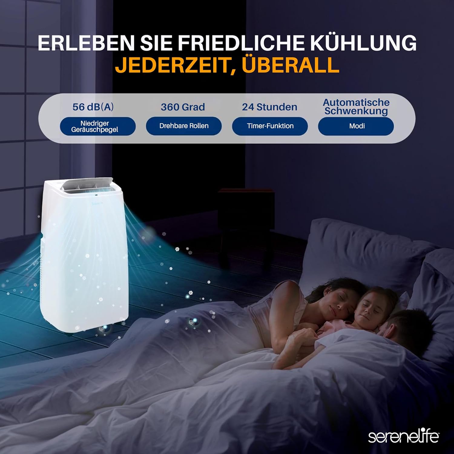 SereneLife Klimaanlage mobil, 3-in-1 mobiles Klimagert mit Abluftschlauch - Luftkühler, Luftentfeuchter & Ventilator, air conditioner 9.000 BTU, 1,5 L Feuchtigkeit/Stunde, kühlt Rume bis 42 m