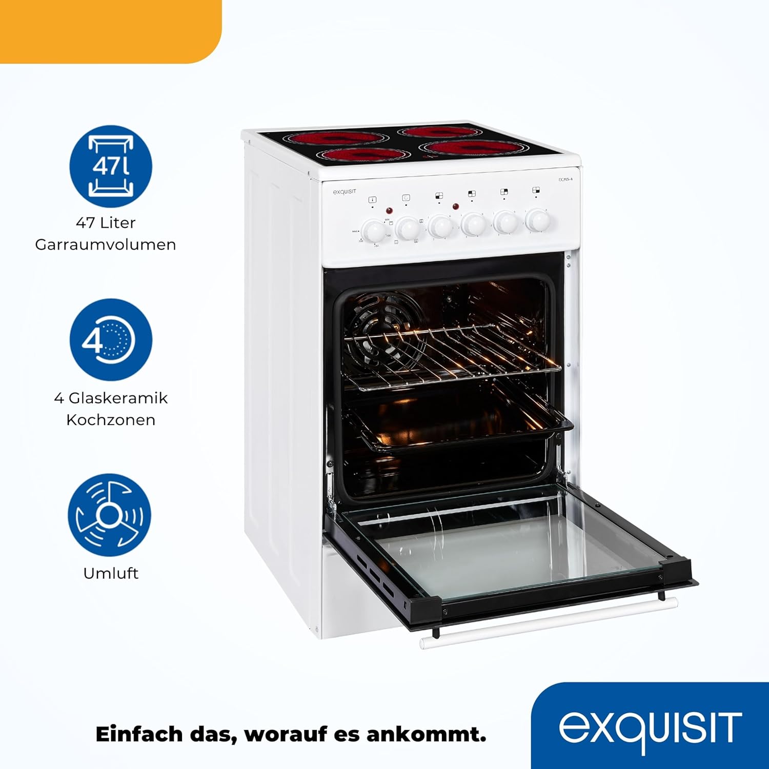 Exquisit Standherd, Standherd 50cm mit Glaskeramik Kochfeld, Ober- / Unterhitze, Backofen mit Umluft & Grill, Elektroherd freistehend 50 cm weiß, ECM 5-4-1