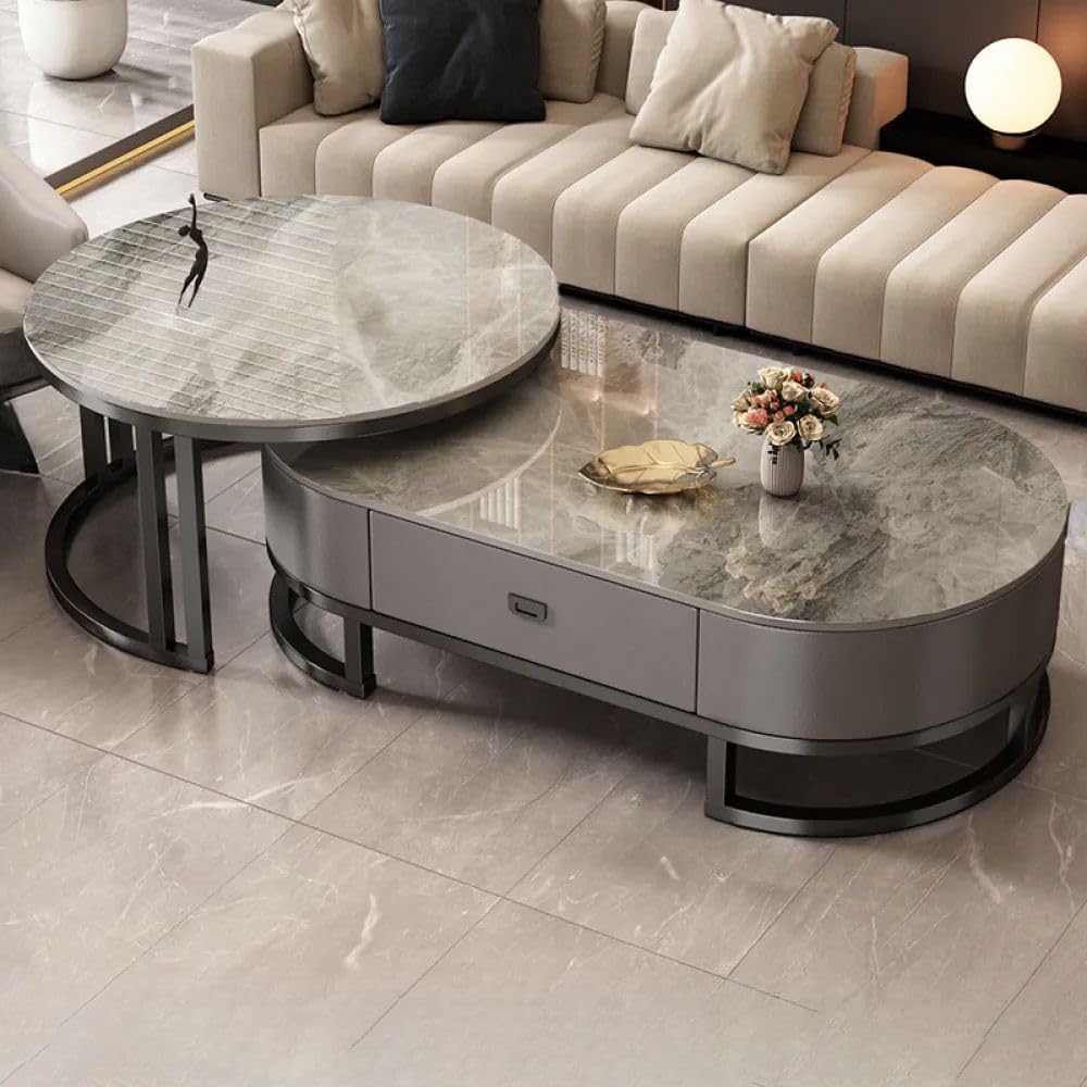 Ovaler Couchtisch aus Stein, 2er-Set, Wohnzimmer-Mitteltisch mit Schublade, Beistelltisch aus Glas, Schwarz/Grau – Grau, (99,9 cm L x 49,9 cm B x 40,6 cm H) + (69,9 cm L x 69,9 cm B x 45,7 cm H)