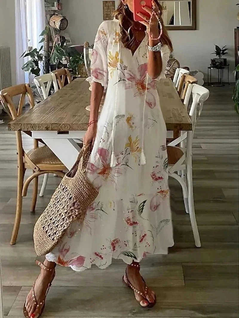 Damen Maxikleid im Boho-Stil �C Luftiges Sommerkleid mit kurzen ?rmeln & entspannter Passform �C Ideal f��r Strand & Freizeit