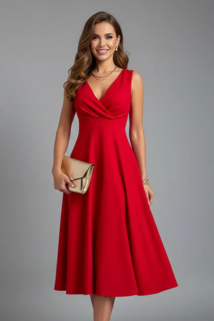 ?rmelloses Damen Midi-Kleid mit V-Ausschnitt und verdecktem Rei?verschluss | Klassisches A-Linien Kleid mit ausgestelltem Rock