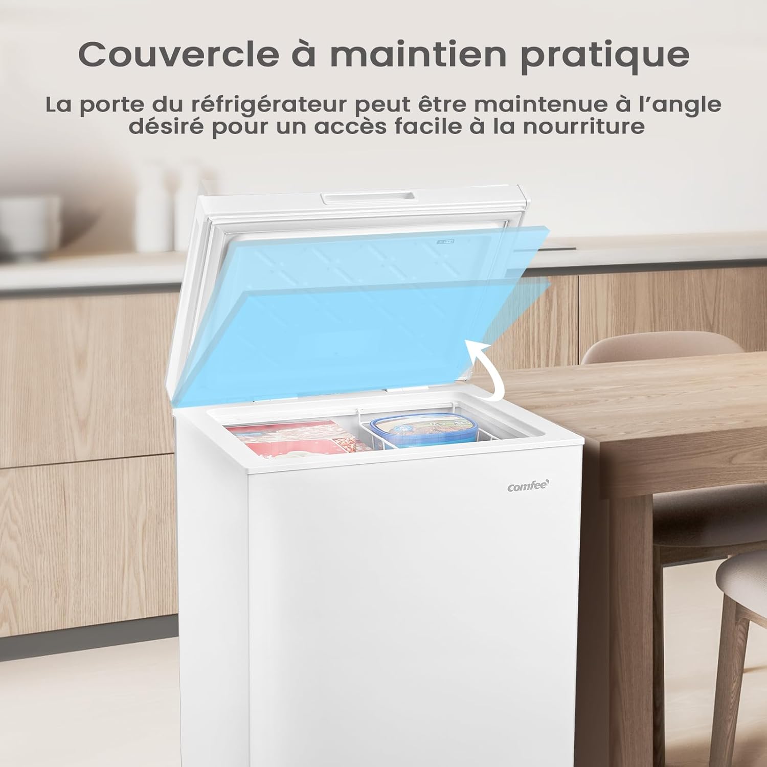 COMFEE' RCC146WH2EU(E) Congélateur coffre autonome 143L convertible congélateur/réfrigérateur, compresseur inverter, 4 étoiles, adapté aux dépendances, garages et abris, blanc [Classe énergétique E]