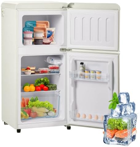 Merax Retro Kühlschrank mit Gefrierfach – 60L Mini Kühlschrank, 22L Gefrierfach, 38L Kühlfach, 7 Temperaturstufen, Energieeffizienzklasse E, Cremeweiß, 102 kWh/Jahr