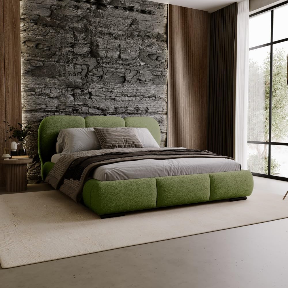 Chilly. Bett Savona - Polsterbett 140x200 mit Bettkasten, Lattenrost und Kopfteil – Eleganter Bouclé-Stoffbezug Olivgrün