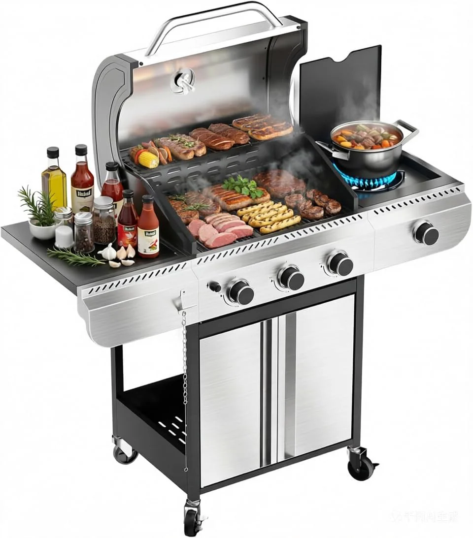 G31 Gas Grill, 3-Burner Gas Grill with Folding Side Tables,Stainless Steel 24,000 BTU BBQ