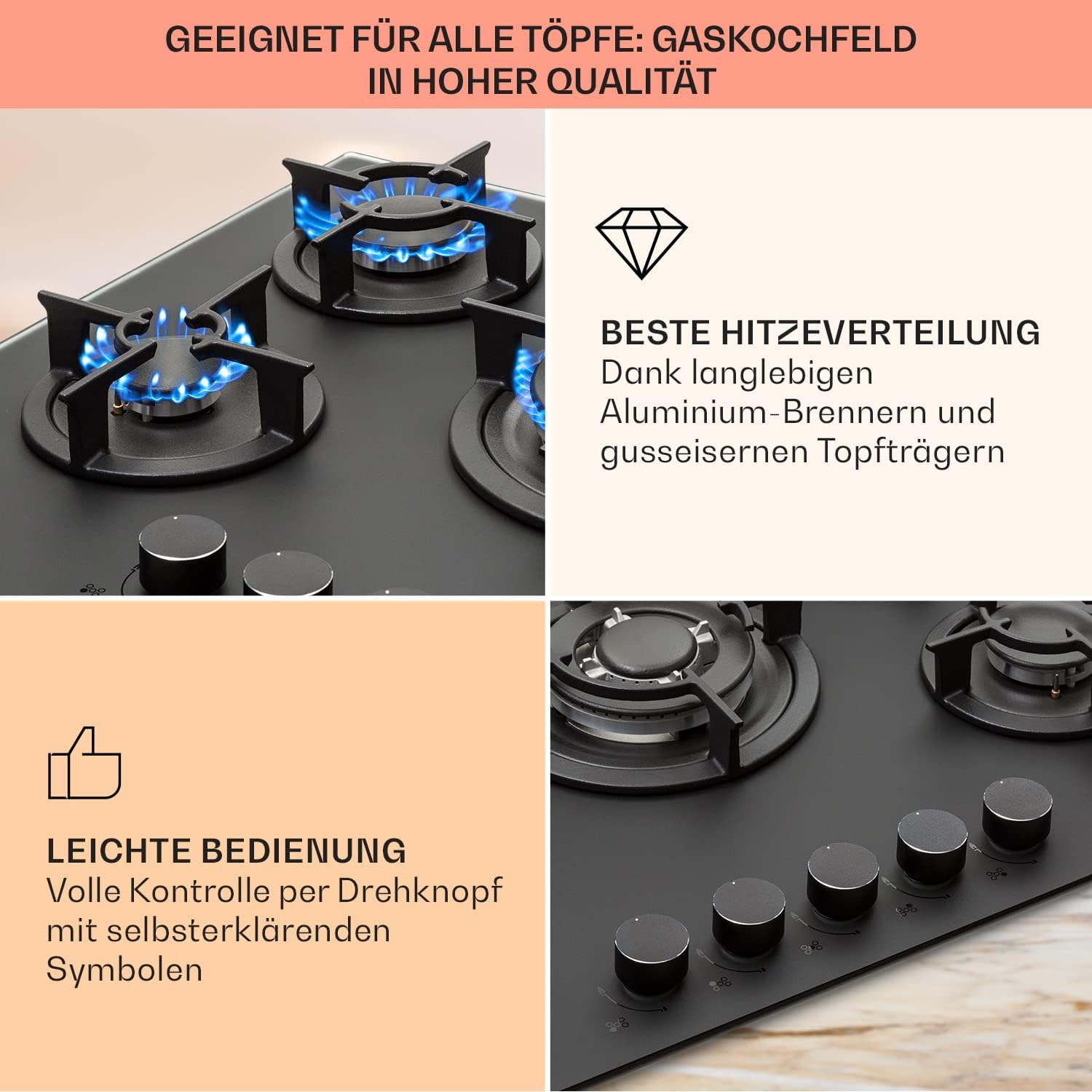 Klarstein Gasherd, Einbau-Gasherd für Propan Gasflasche, Gaskochfeld 4 Flammig, Gasherd für Küche, Camping & Wohnmobil, 8000 W Kochplatte, LPG Gaskocher, Herdplatte für Propangas, Edelstahl Gas-Herd