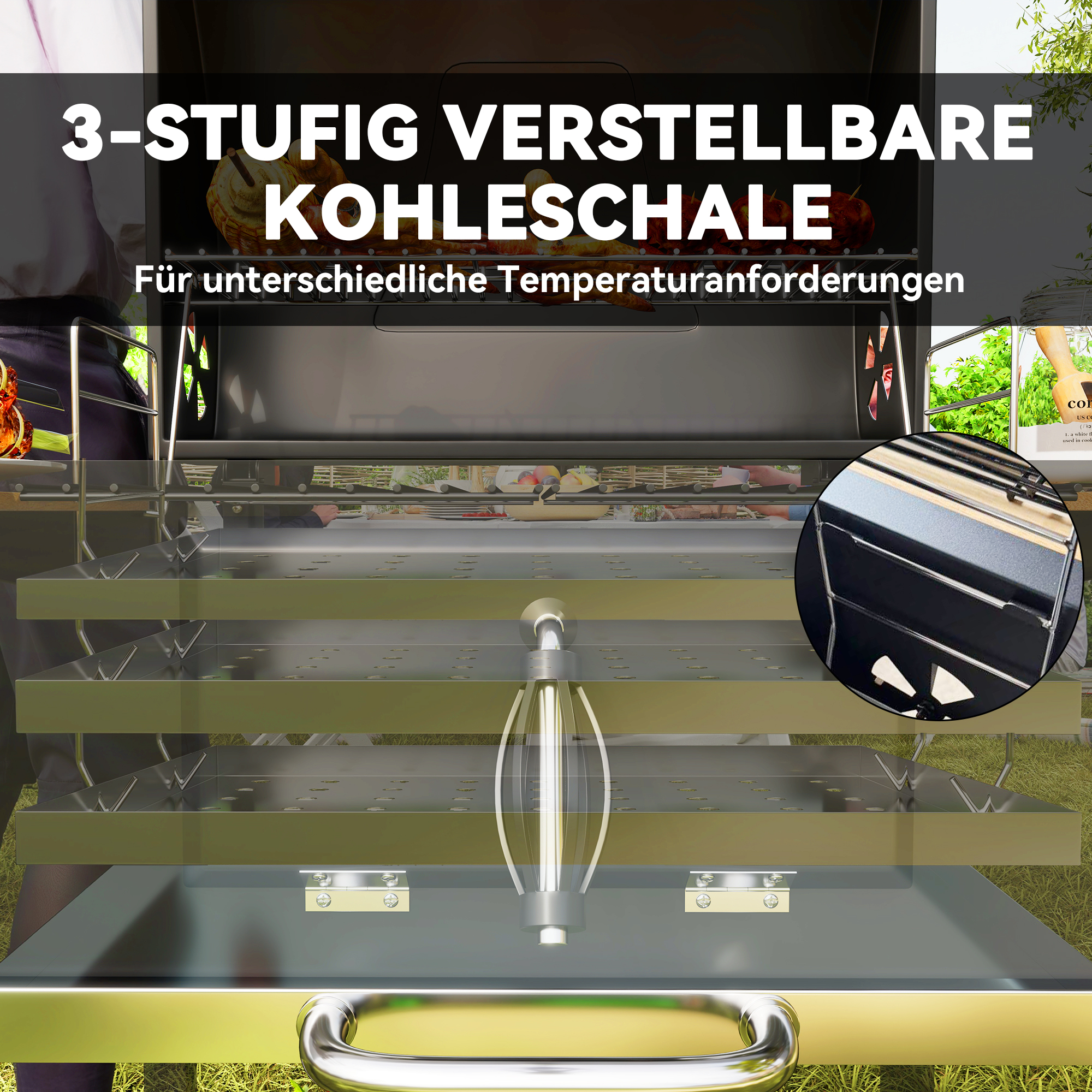 Houtskoolgrill met verstelbare kolenbak, grillwagen, planken, thermometer, flesopener, staal, hout, zwart