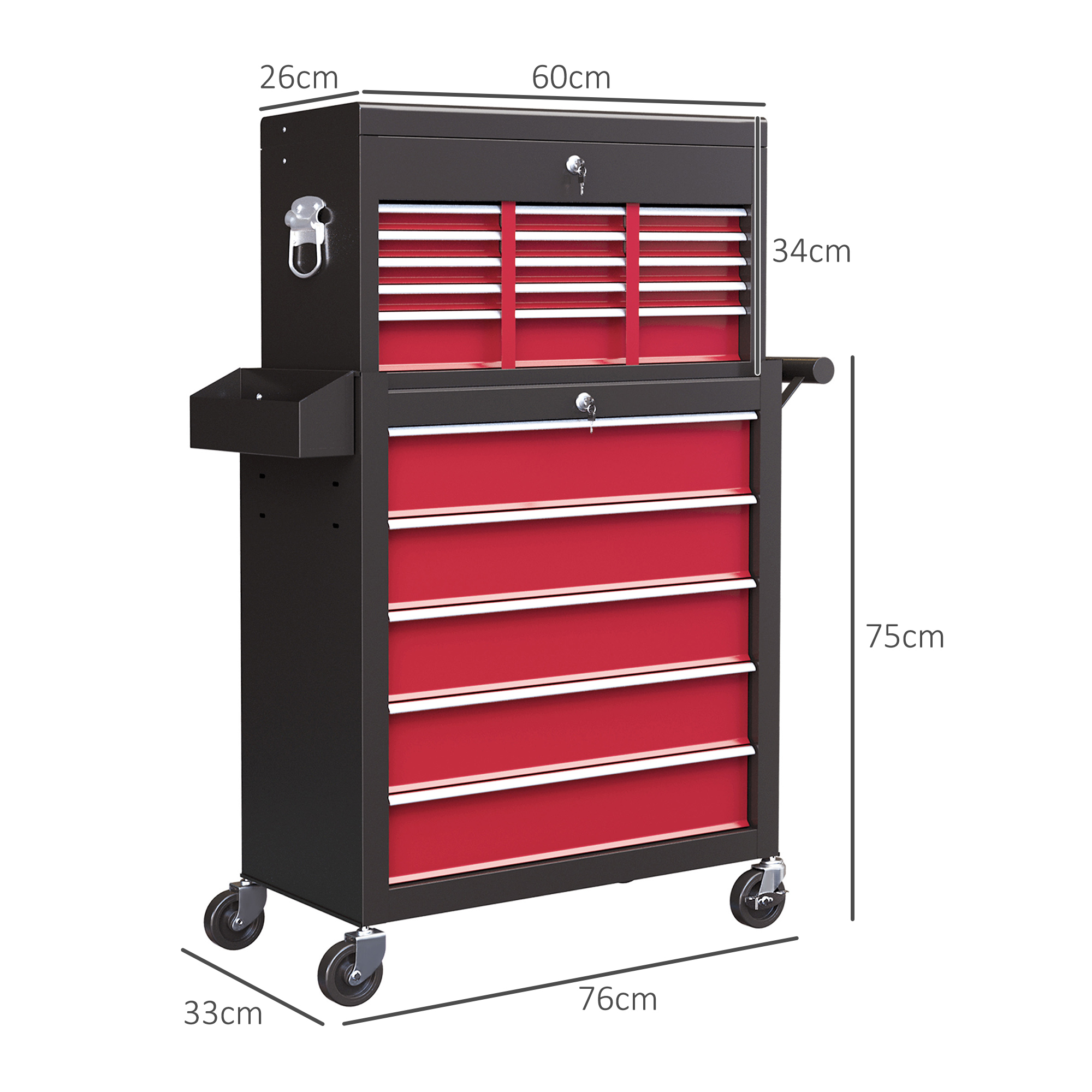 Gereedschapswagen, Tweedelig, Afsluitbaar, 14 Laden, Zijwand met Gaten, Staal, Rood