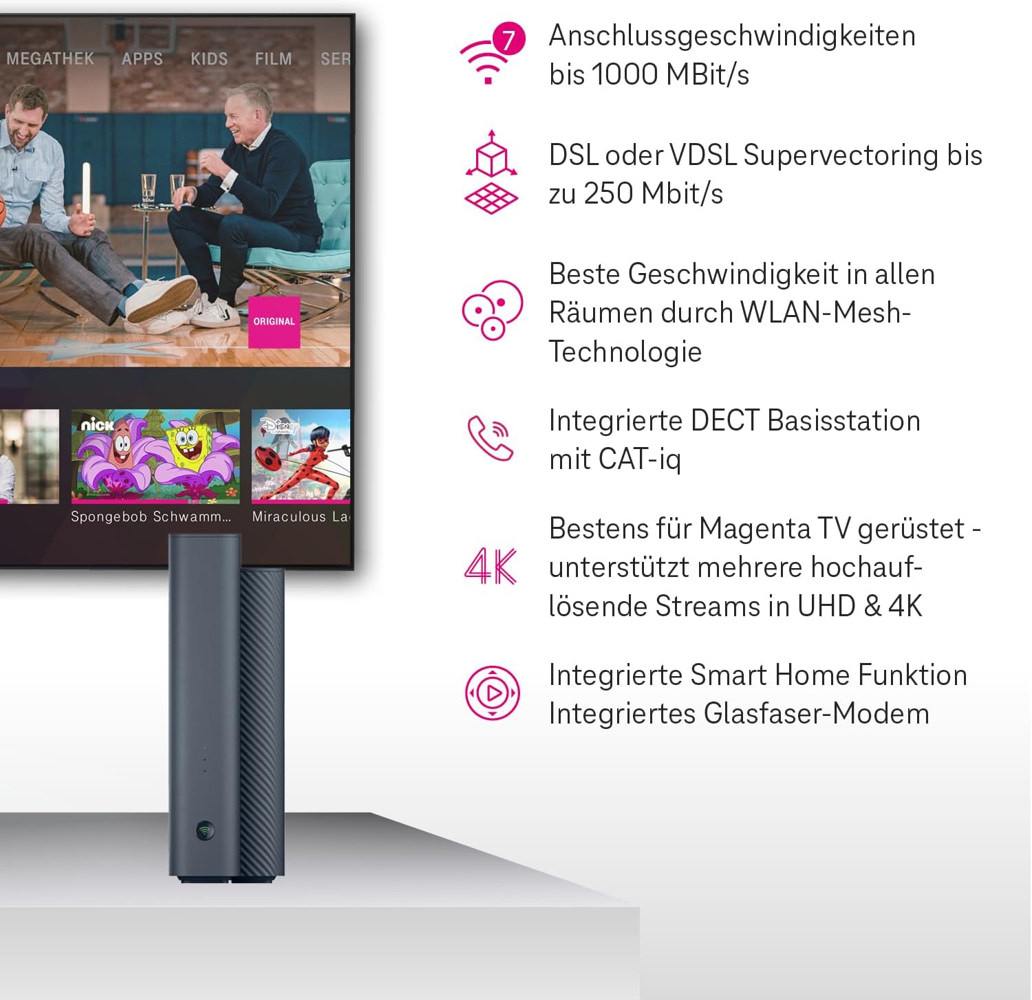 Telekom Router Speedport 7 I Wi-Fi 7 Router für Telekom-Anschluss I Glasfaser-Modem I Bis zu 6.760 Mbit/s | Mesh-Technologie & Magenta SmartHome Basis integriert I Ideal für Entertain TV in UHD & 4K