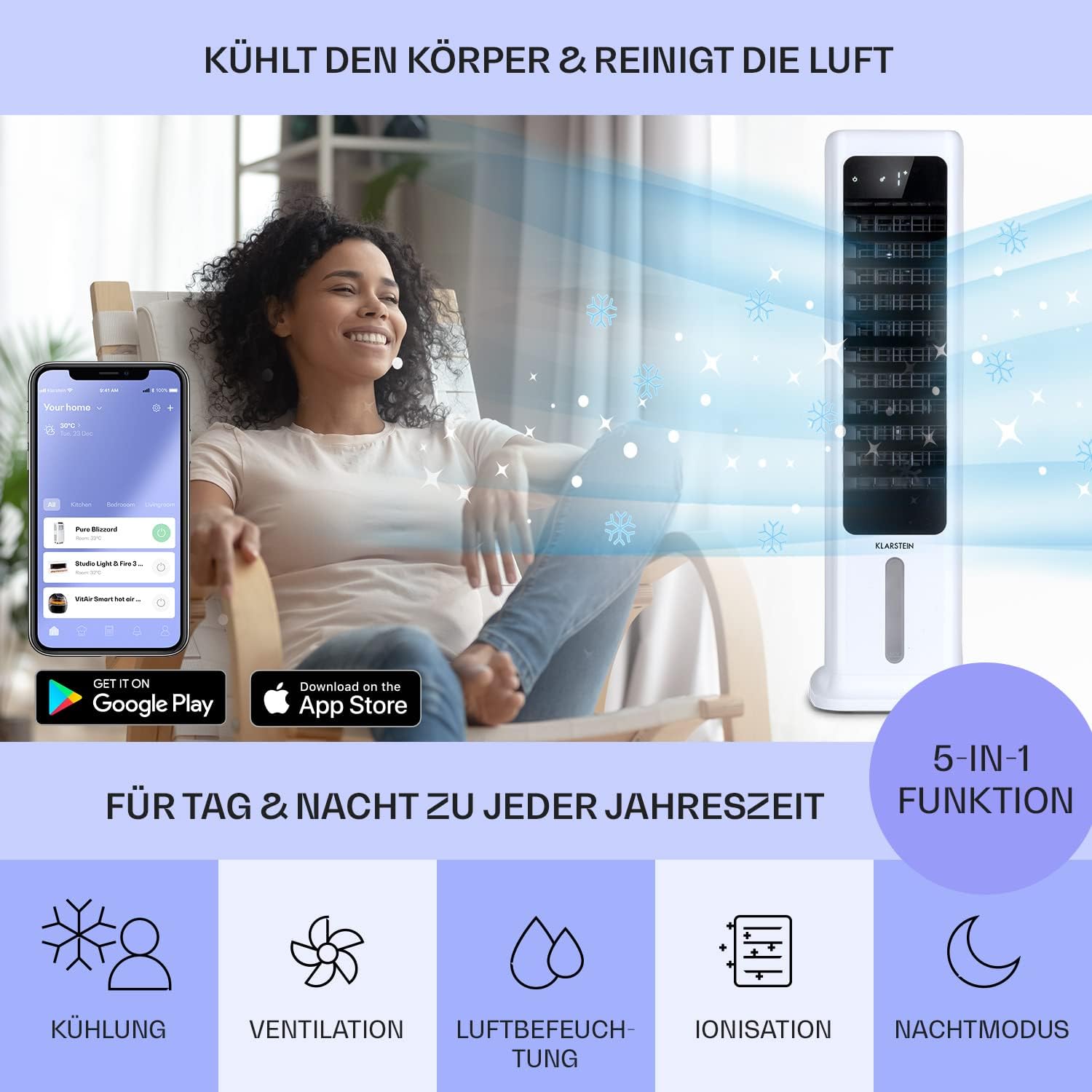 Klarstein Luftkühler mit Wasserkühlung, 5-in-1 Verdunstungskühler, Luftbefeuchter, Ventilator & Luftreiniger, Mobile Klimageräte Luftkühler mit App-Steuerung, 80W Air Cooler, 462m³/h Luftstrom, Weiß