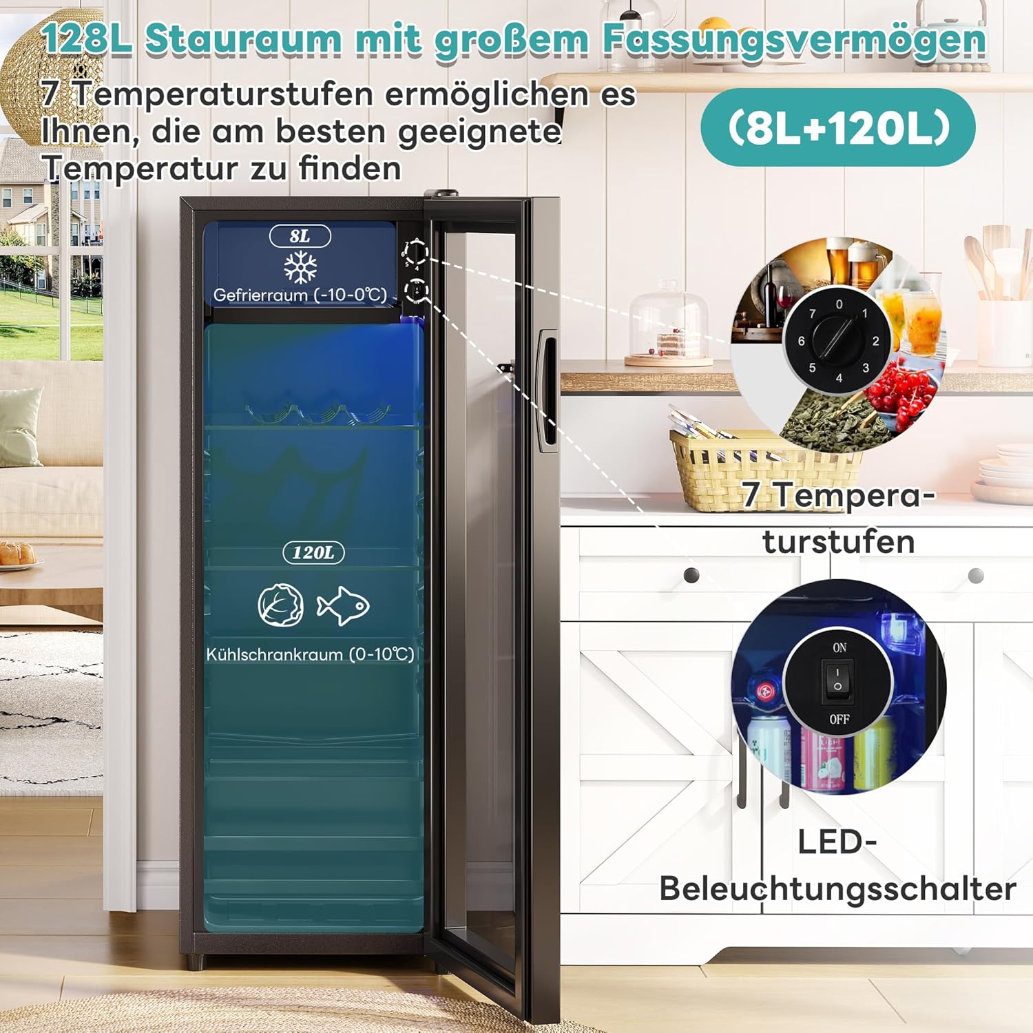 Merax Kühlschrank 128L, Freistehend Getränkekühler mit 120L-Kühlschrank + 8L-Gefrierschrank, mit LED-Innenbeleuchtung und Verstellbare Einlegeböden, Superleise für Restaurant, Bar, Getränke und Bier