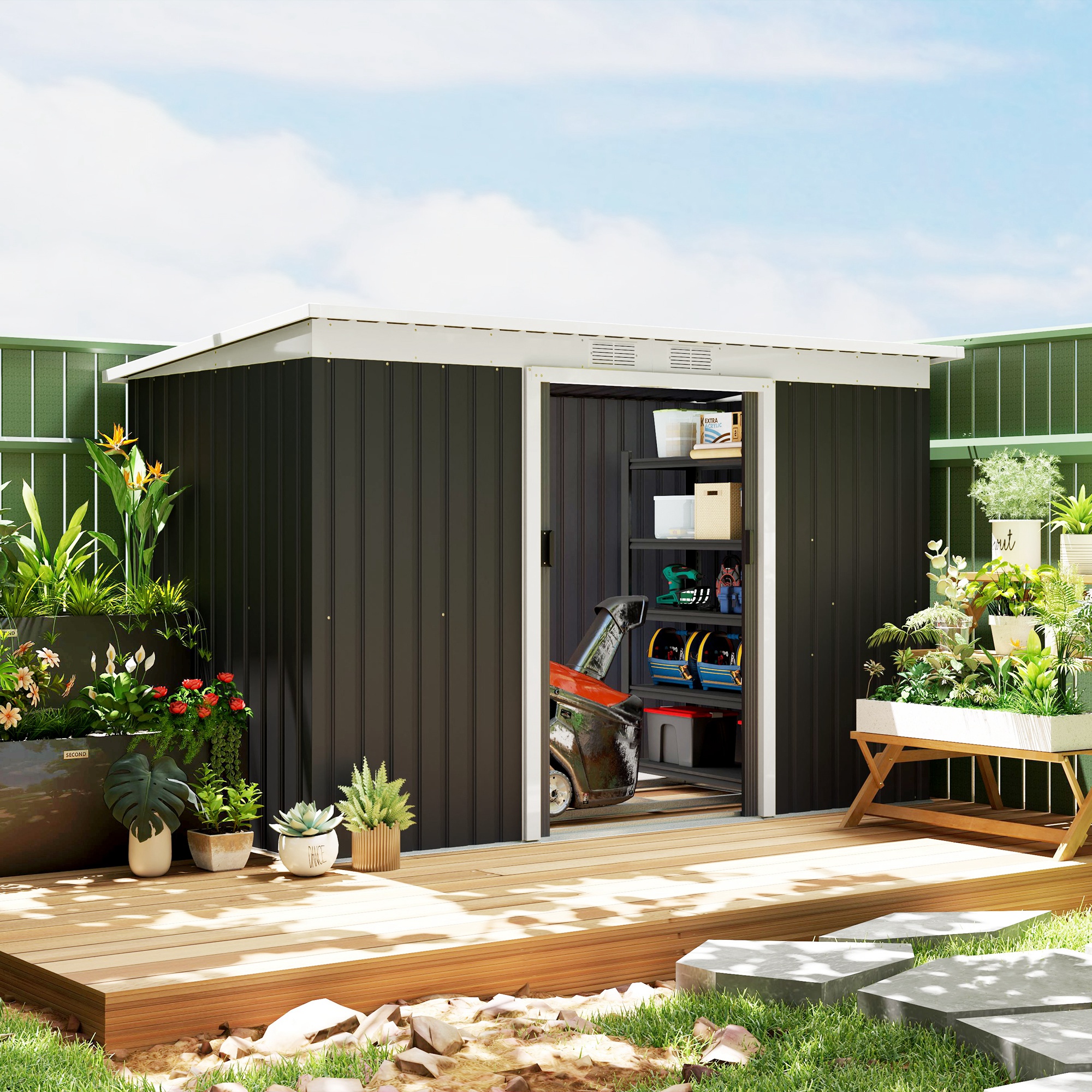 Tuinschuur met schuifdeur grijs
