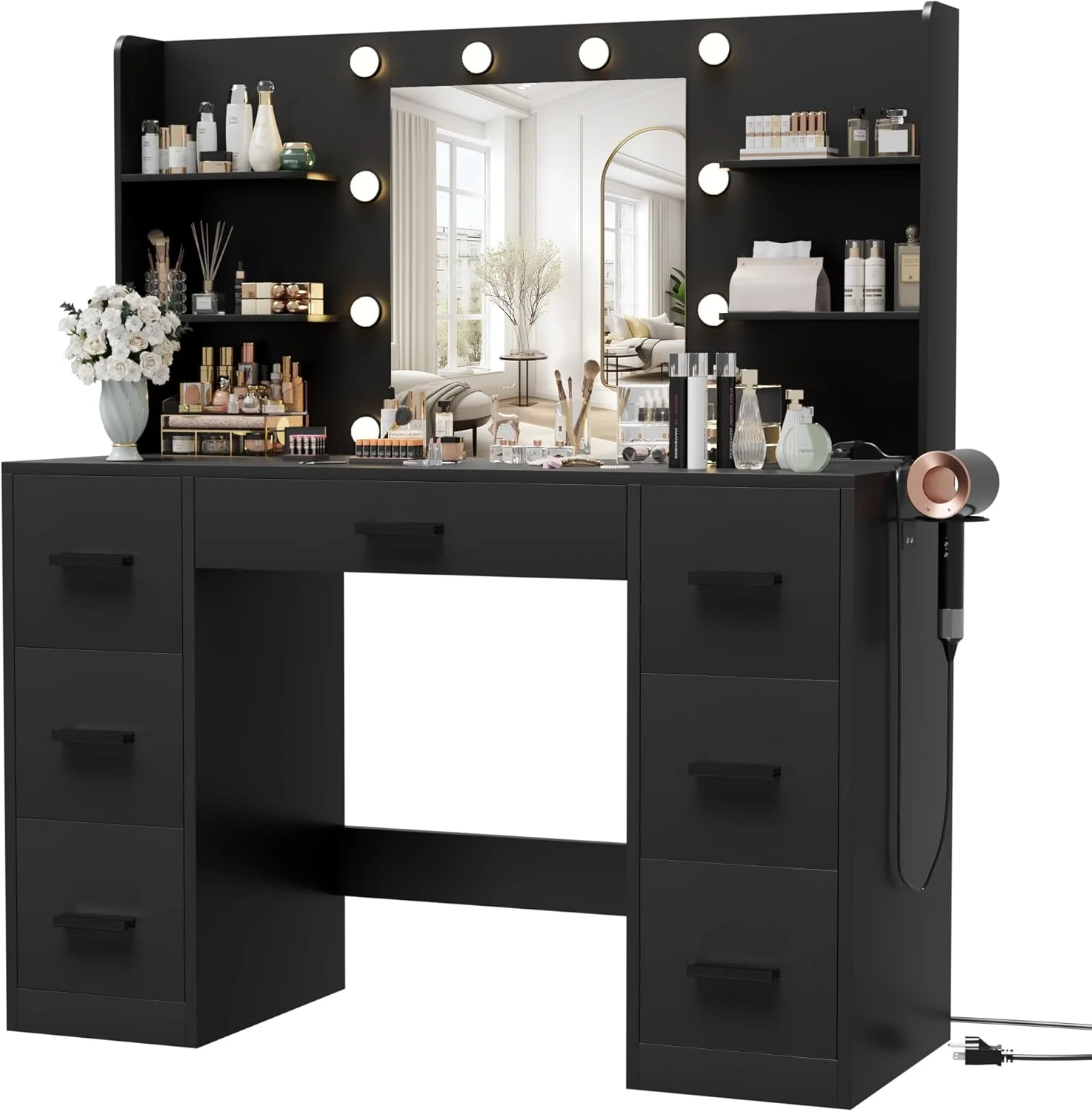 Furmax Vanity Desk with Mirror. LED Lights and Power Outlet Makeup Vanity Table