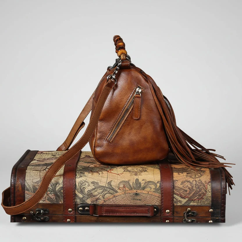 Full Grain Leather Fringe Handbag with Bamboo Handle