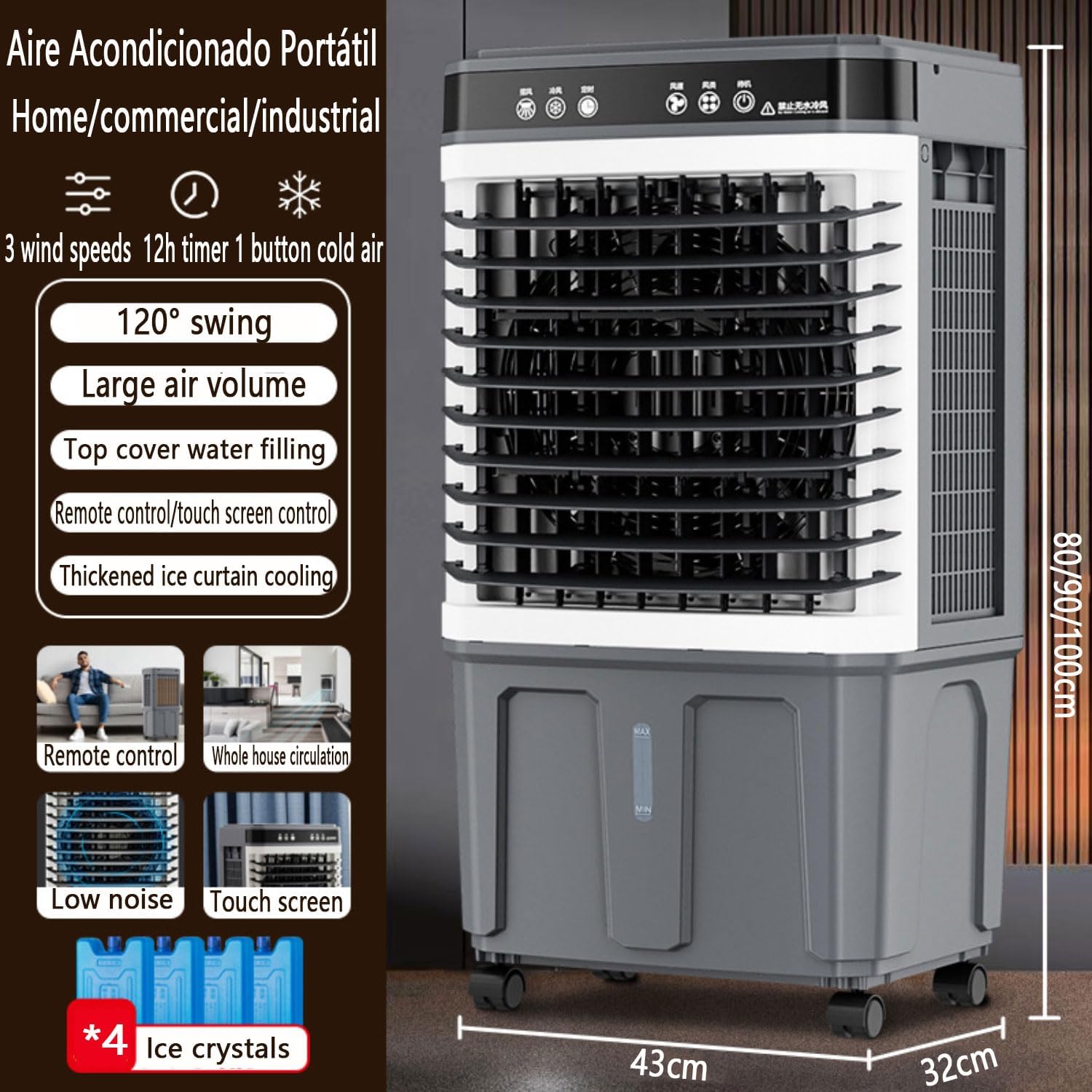 Verdunstungskühler Leise Luftkühler Air Conditioner mit Wasserkühlung 3 Luftgeschwindigkeiten 120°Oszillation Ventilator Mobile Klimaanlage ohne Abluftschlauch für Zimmer Wohnungen